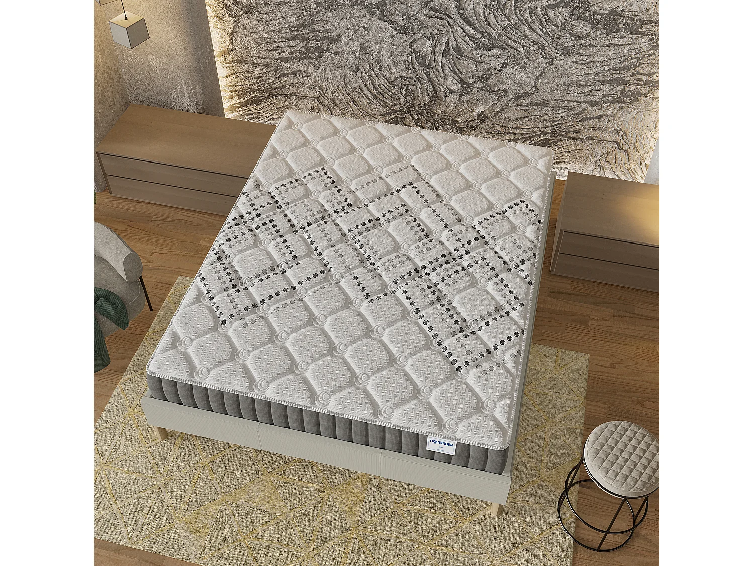 Ensemble Matelas + lit 90x190 cm, Matelas 20cm ressorts ensachés, accueil mousse, lit à lattes en bois, tissu blanc