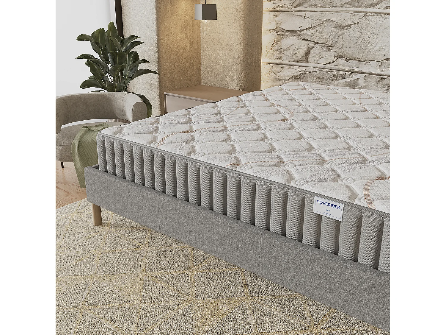 Ensemble matelas + lit 140x190 cm, matelas 22cm mousse, accueil latex, lit à lattes en bois, tissu gris