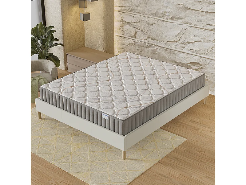 Ensemble matelas + lit 160x200 cm, matelas 22cm mousse, accueil latex, lit à lattes en bois, tissu blanc