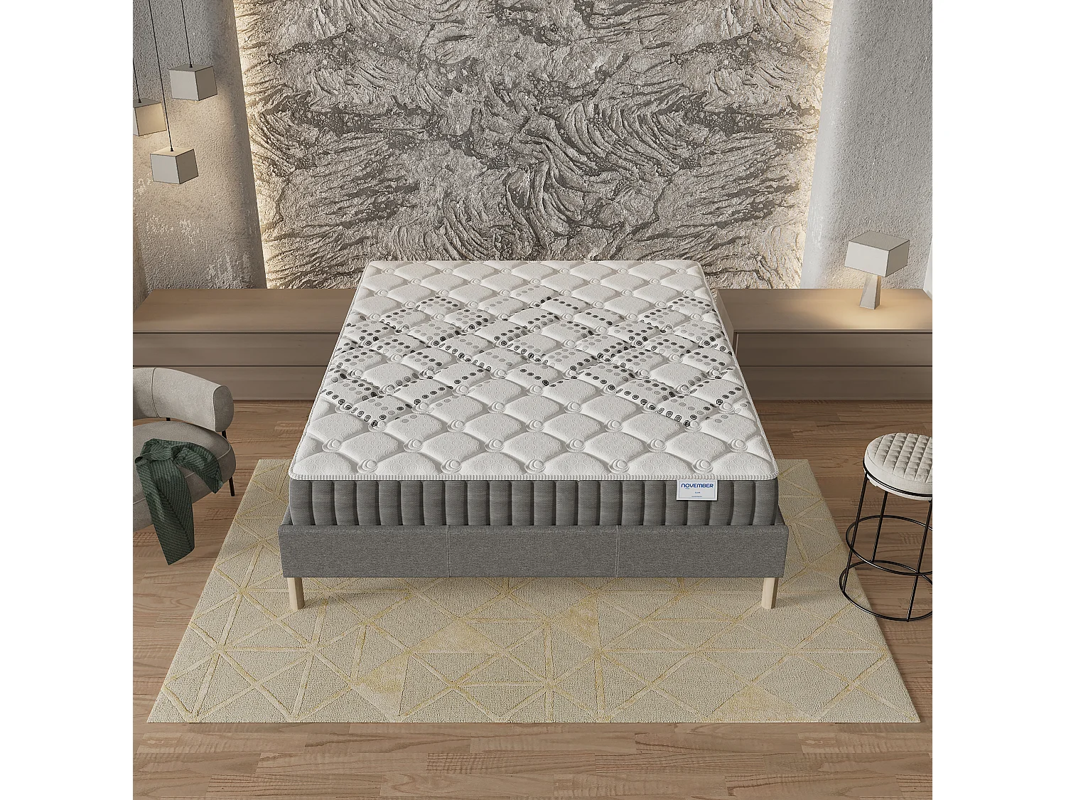 Ensemble Matelas + lit 160x200 cm, Matelas 20cm ressorts ensachés, accueil mousse, lit à lattes en bois, tissu gris