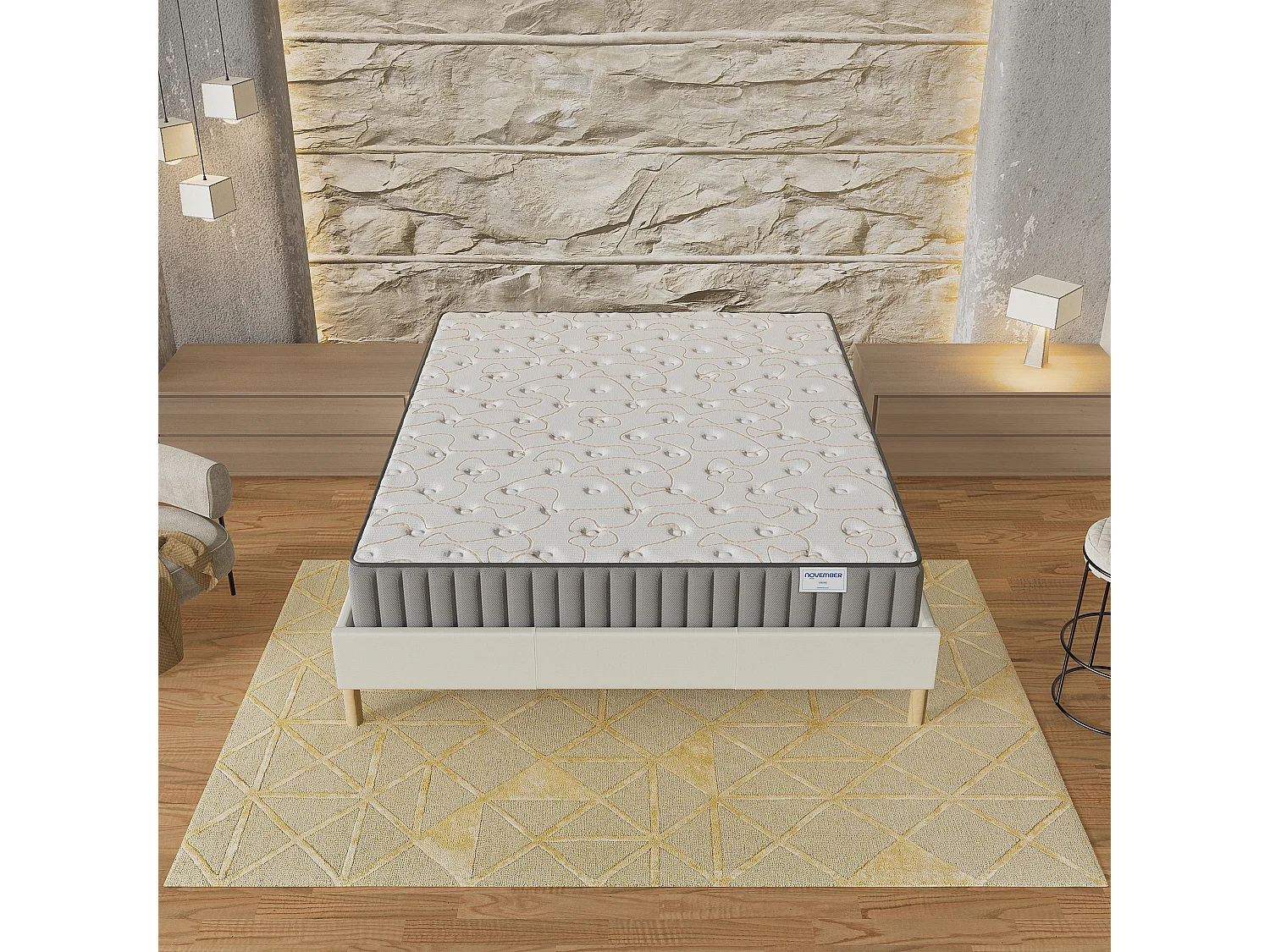 Ensemble matelas mémoire de forme + sommier 120x190cm, Matelas 22cm d’épaisseur et sommier tissu blanc