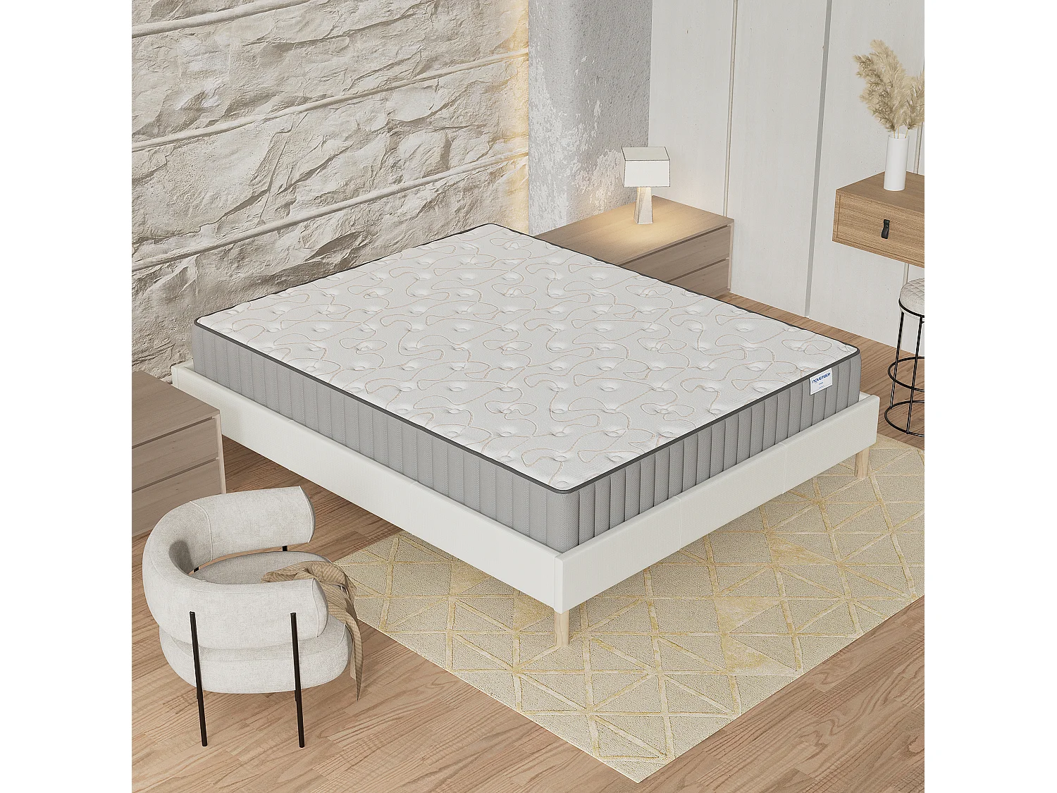 Ensemble matelas mémoire de forme + sommier 120x190cm, Matelas 22cm d’épaisseur et sommier tissu blanc
