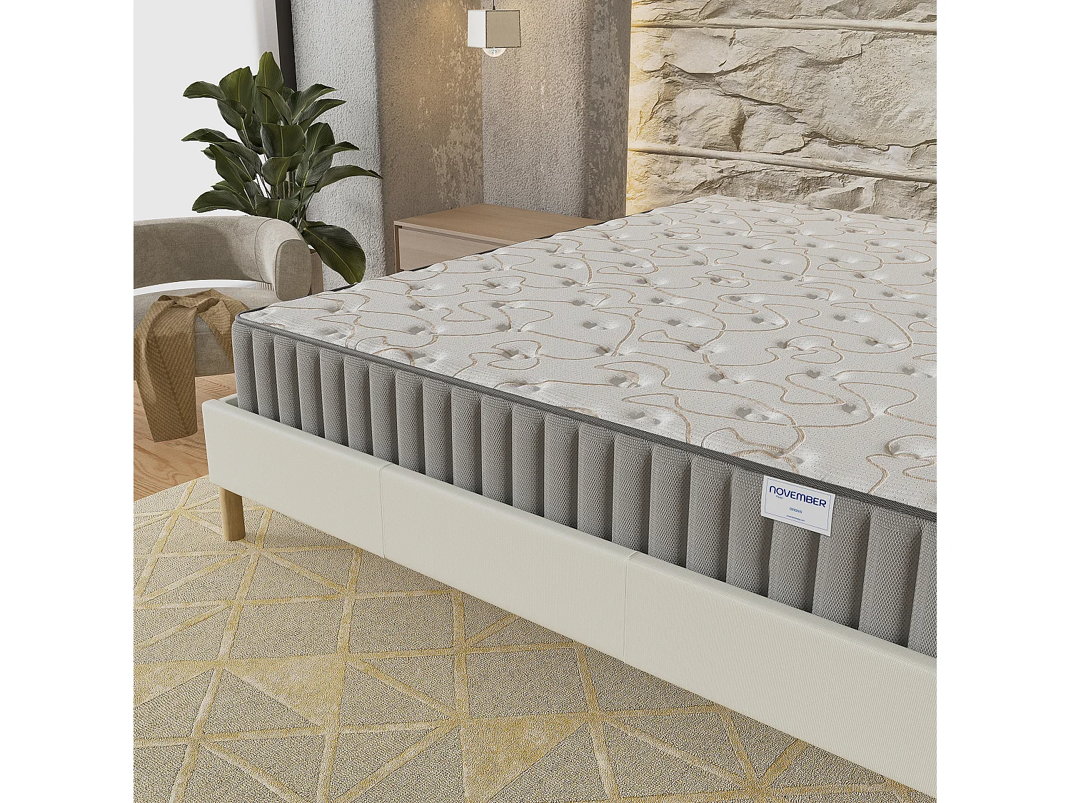 Ensemble matelas mémoire de forme + sommier 120x190cm, Matelas 22cm d’épaisseur et sommier tissu blanc