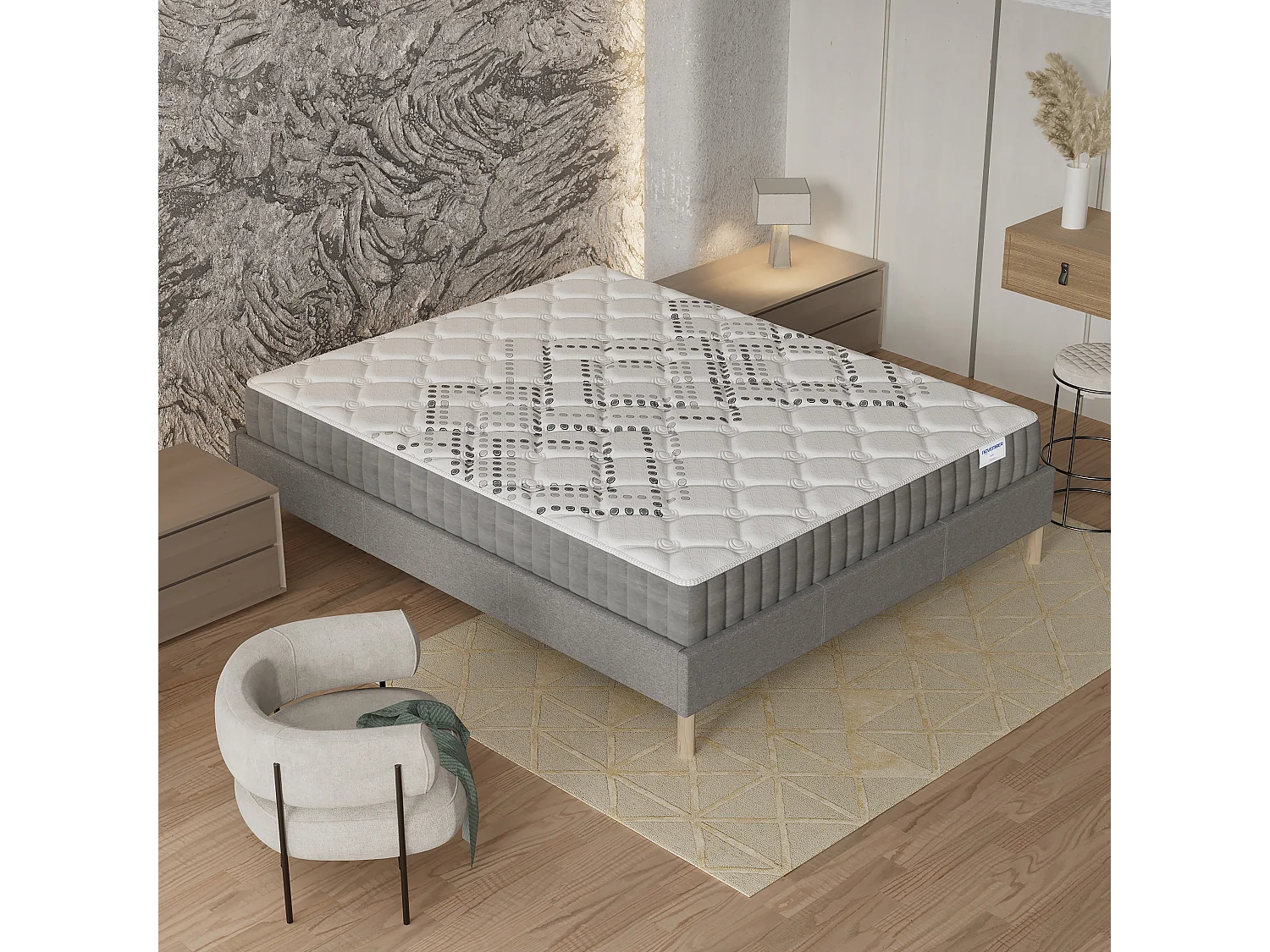 Ensemble Matelas + lit 120x190 cm, Matelas 20cm ressorts ensachés, accueil mousse, lit à lattes en bois, tissu gris