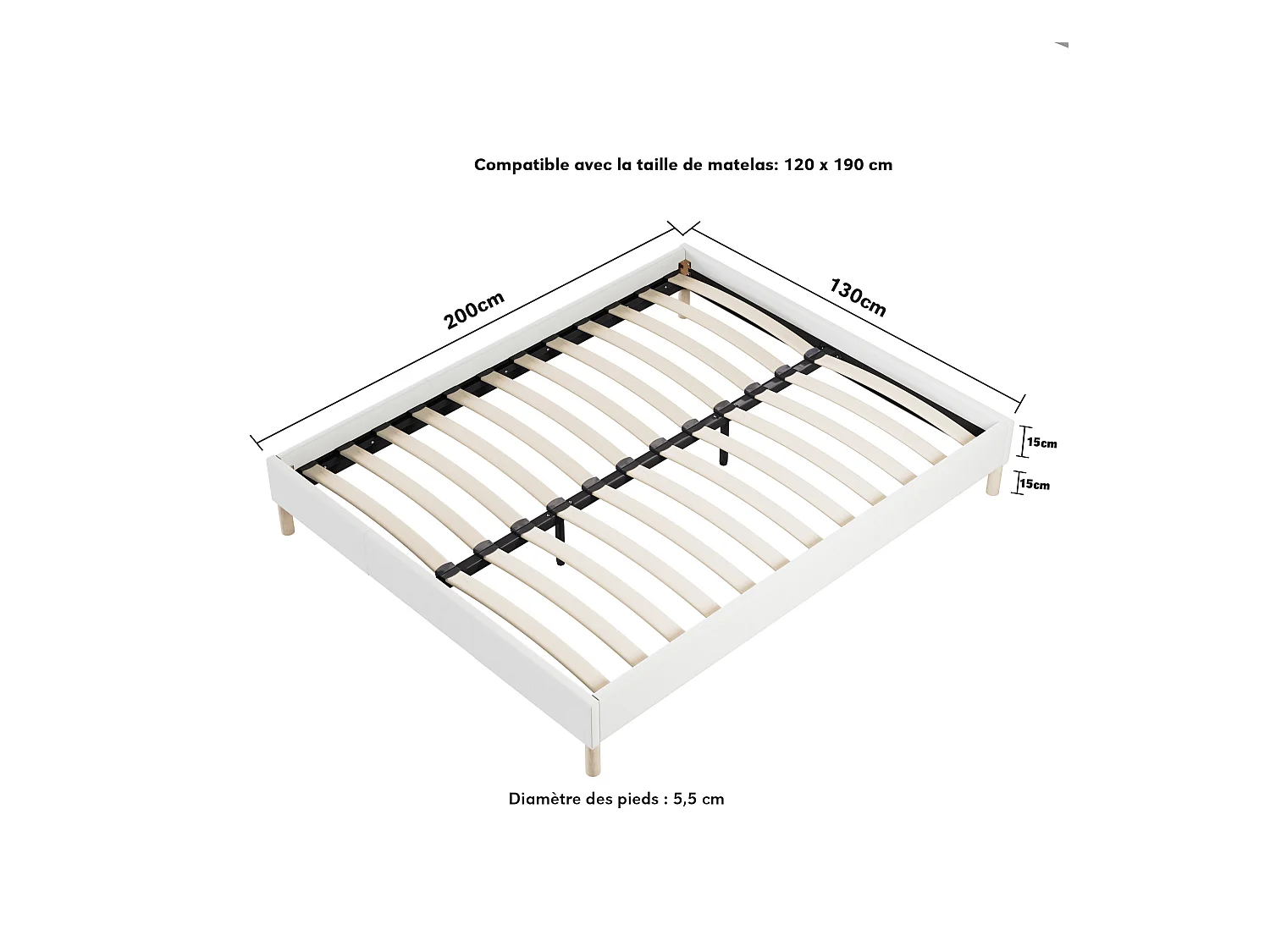 Ensemble matelas + lit 120x190 cm, matelas 16cm mousse, accueil latex, lit à lattes en bois, tissu blanc