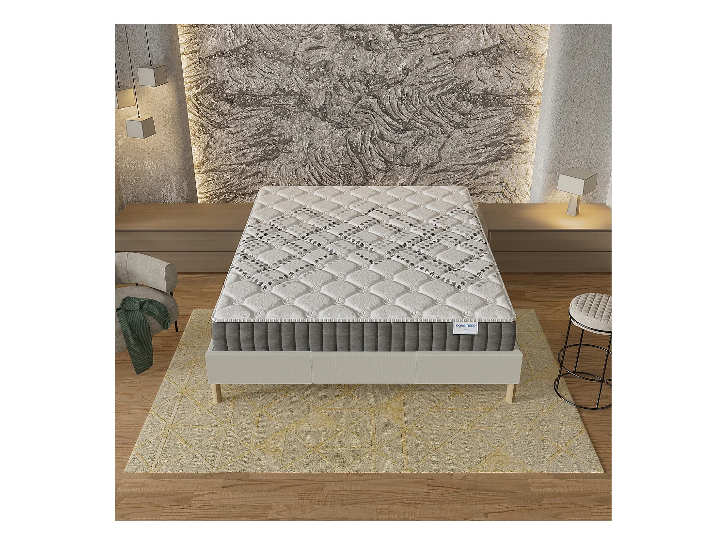 Ensemble Matelas + lit 120x190 cm, Matelas 20cm ressorts ensachés, accueil mousse, lit à lattes en bois, tissu blanc