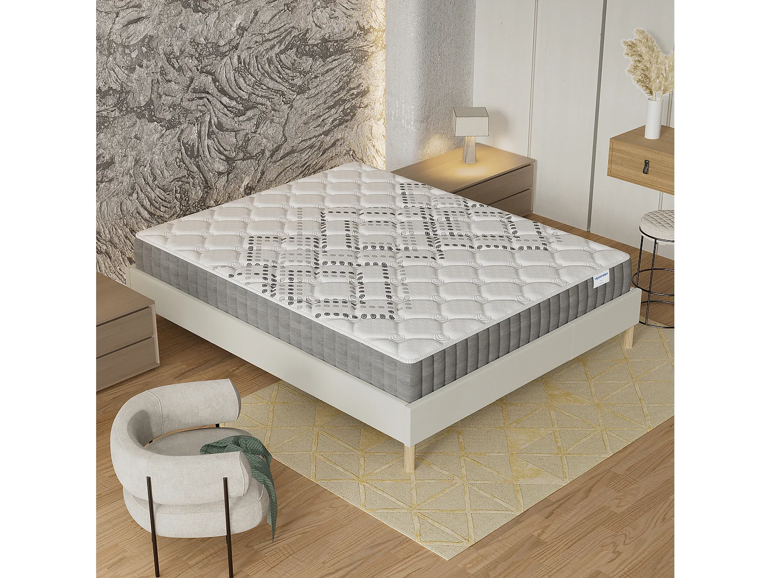 Ensemble Matelas + lit 120x190 cm, Matelas 20cm ressorts ensachés, accueil mousse, lit à lattes en bois, tissu blanc