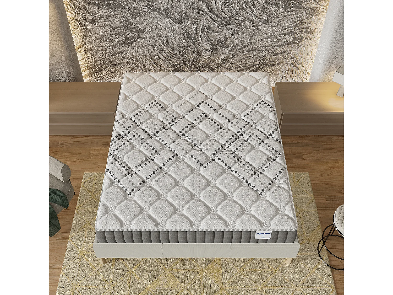 Ensemble Matelas + lit 120x190 cm, Matelas 20cm ressorts ensachés, accueil mousse, lit à lattes en bois, tissu blanc