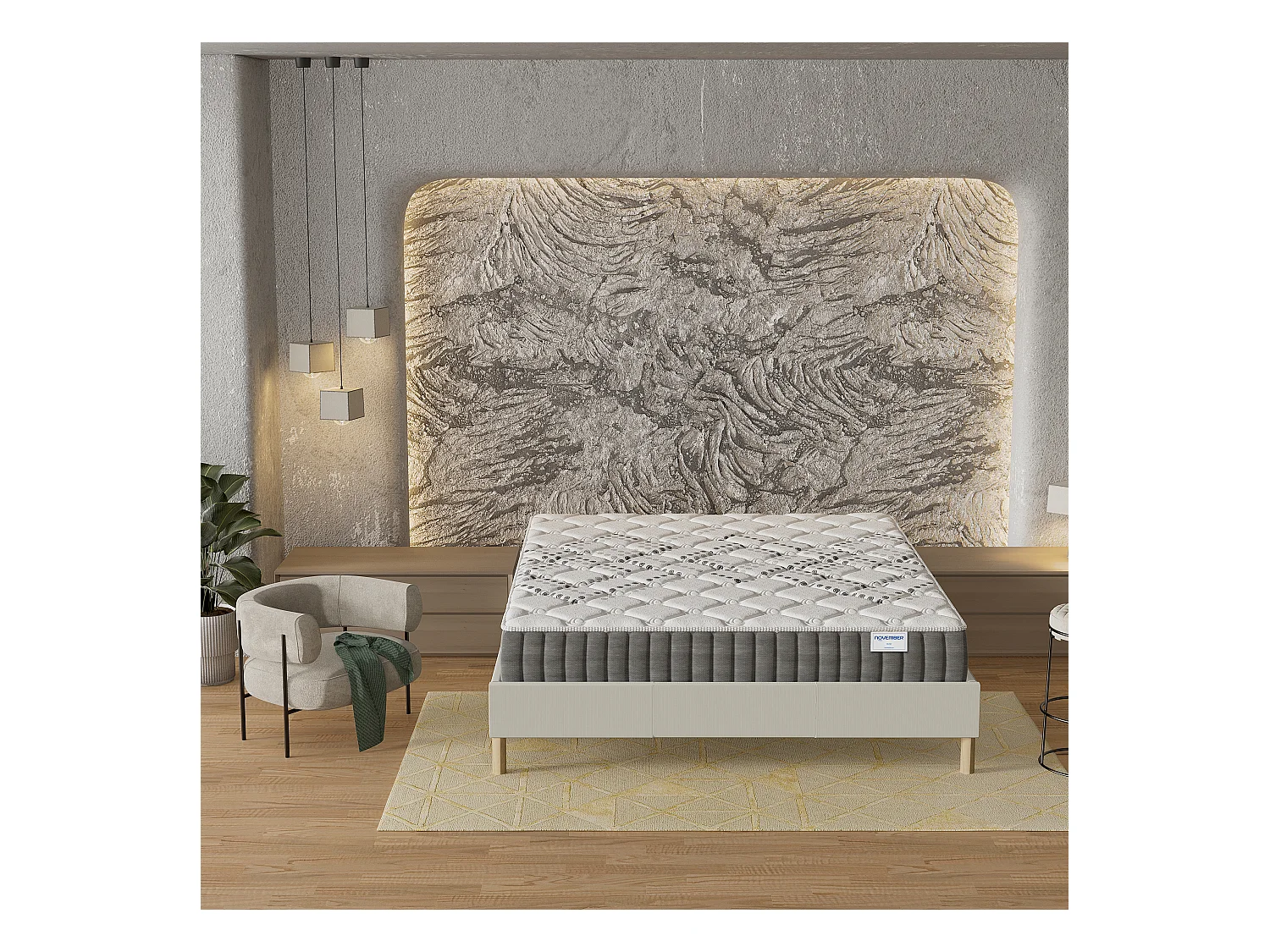 Ensemble Matelas + lit 120x190 cm, Matelas 20cm ressorts ensachés, accueil mousse, lit à lattes en bois, tissu blanc