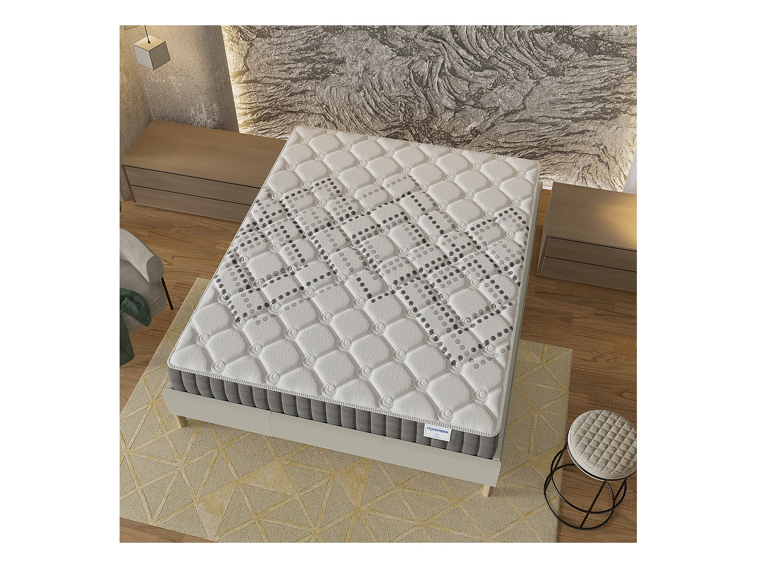 Ensemble Matelas + lit 120x190 cm, Matelas 20cm ressorts ensachés, accueil mousse, lit à lattes en bois, tissu blanc