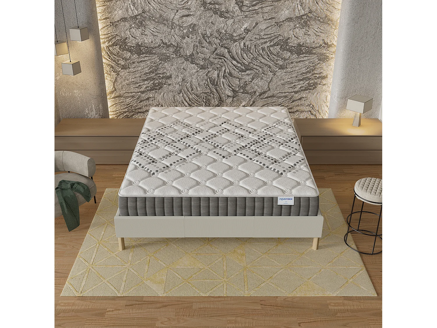 Ensemble Matelas + lit 120x190 cm, Matelas 20cm ressorts ensachés, accueil mousse, lit à lattes en bois, tissu blanc