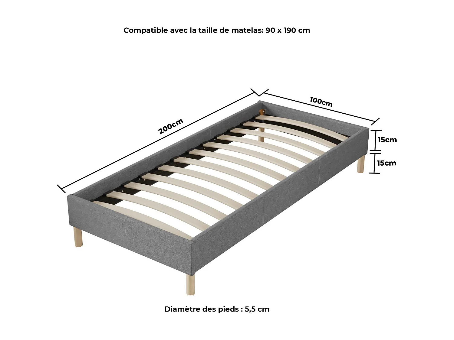 Ensemble matelas + lit 90x190 cm, matelas 16cm mousse, accueil latex, lit à lattes en bois, tissu gris