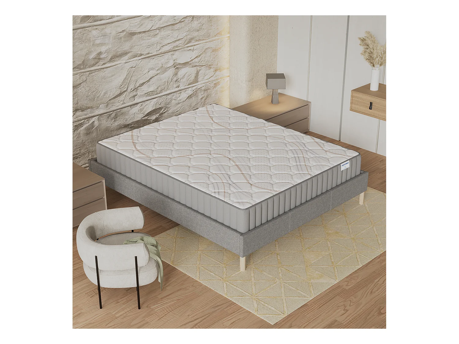 Ensemble matelas + lit 160x200 cm, matelas 16cm mousse, accueil latex, lit à lattes en bois, tissu gris