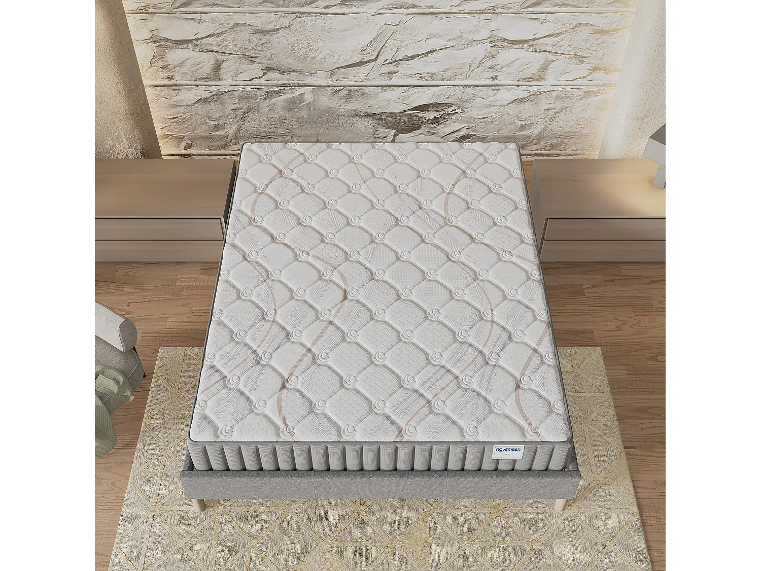 Ensemble matelas + lit 160x200 cm, matelas 16cm mousse, accueil latex, lit à lattes en bois, tissu gris