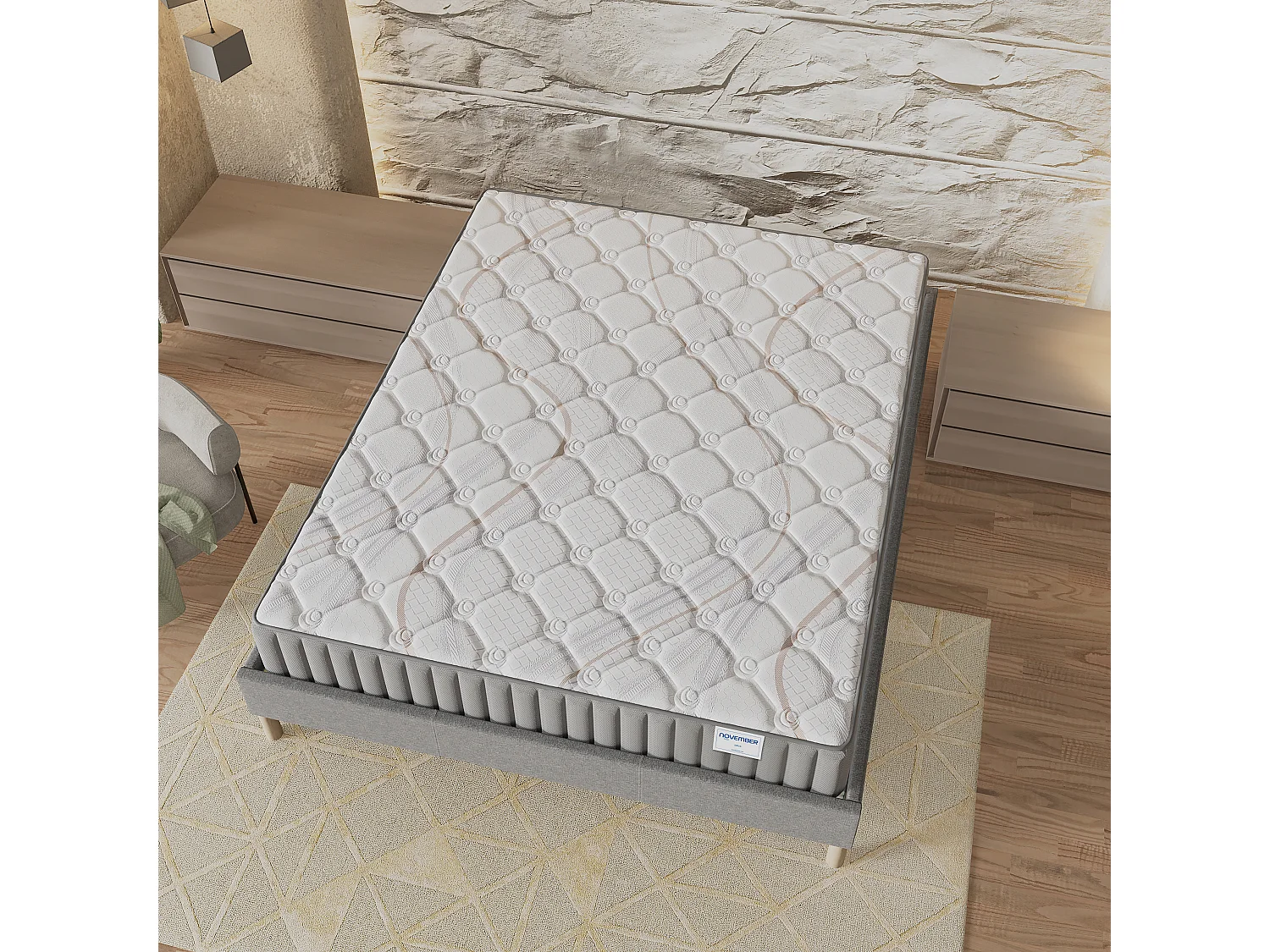 Ensemble matelas + lit 160x200 cm, matelas 16cm mousse, accueil latex, lit à lattes en bois, tissu gris