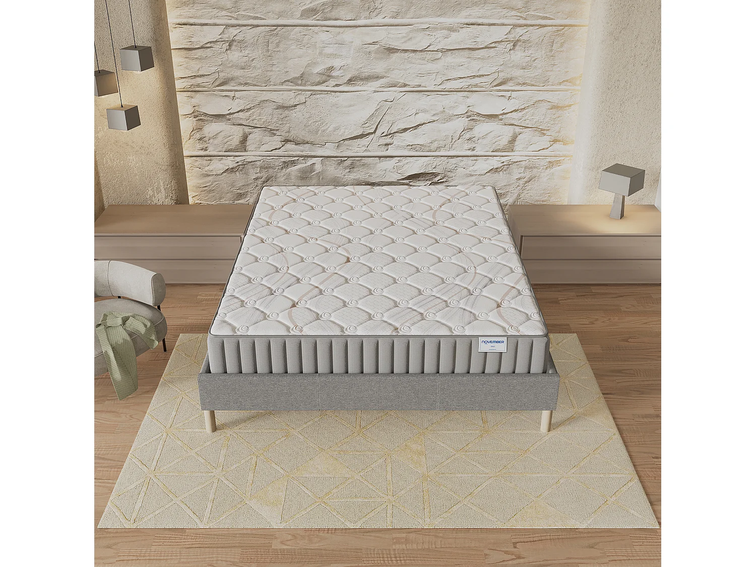 Ensemble matelas + lit 160x200 cm, matelas 16cm mousse, accueil latex, lit à lattes en bois, tissu gris