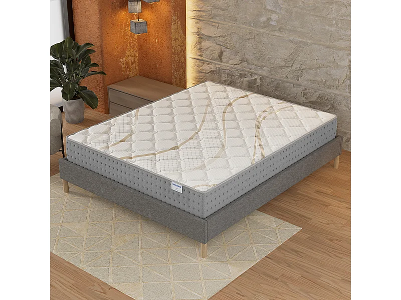Ensemble Matelas + lit 160x200 cm, Matelas 25cm ressorts ensachés, accueil mousse, lit à lattes en bois, tissu gris