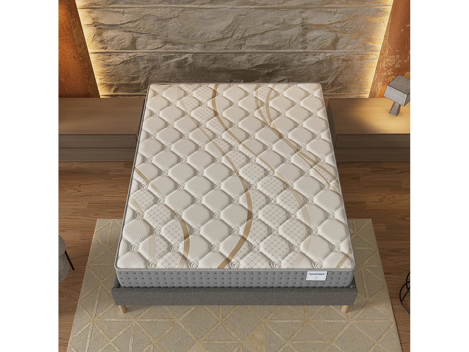 Ensemble Matelas + lit 160x200 cm, Matelas 25cm ressorts ensachés, accueil mousse, lit à lattes en bois, tissu gris