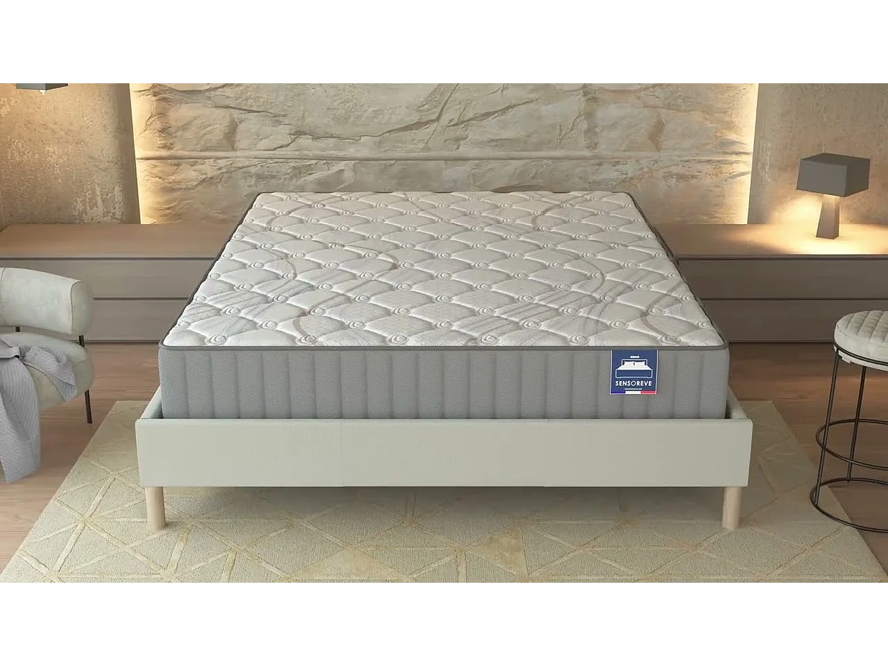 Ensemble Matelas + lit 160x200 cm, Matelas 25cm ressorts ensachés, accueil mousse, lit à lattes en bois, tissu gris