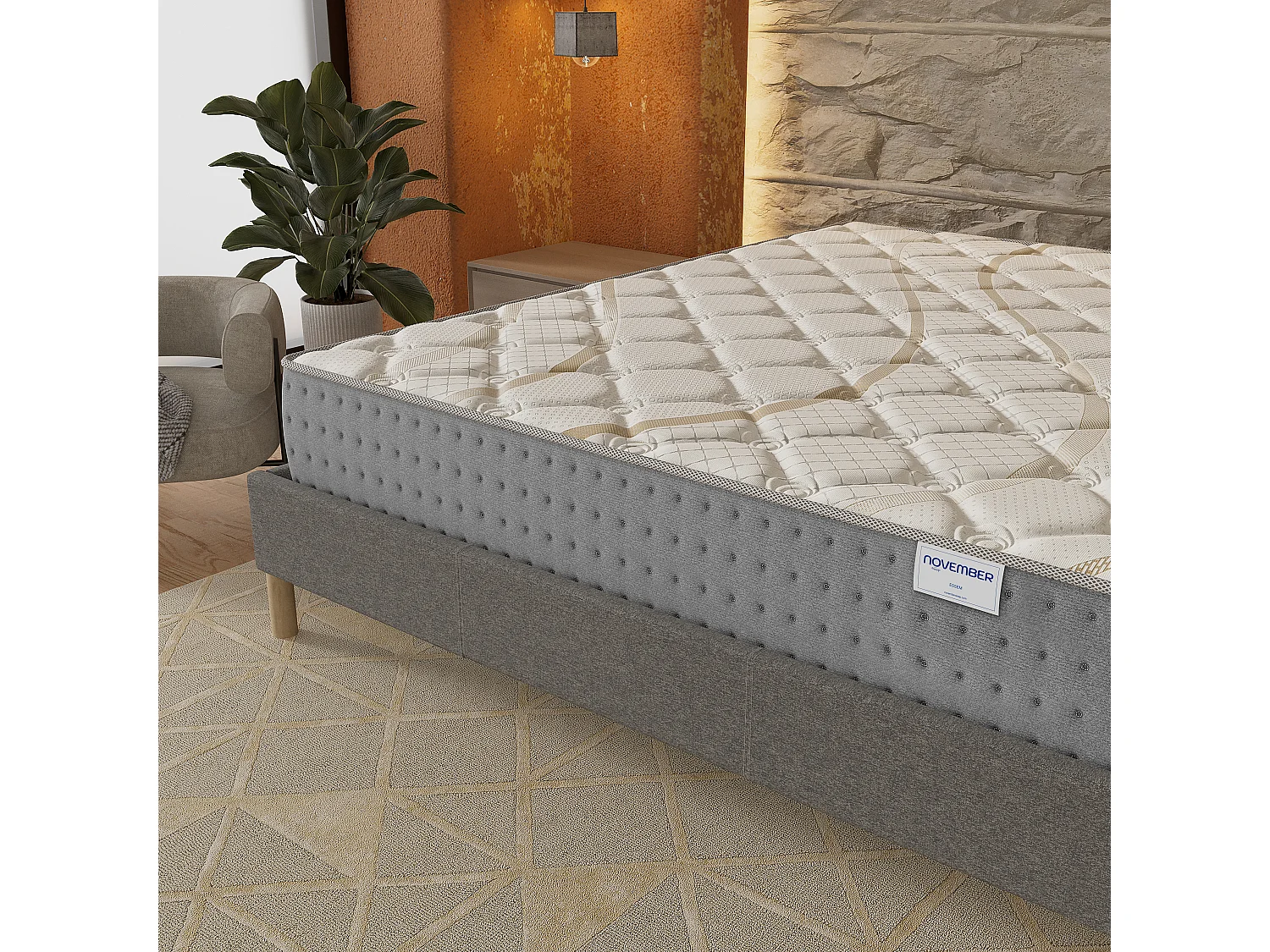 Ensemble Matelas + lit 160x200 cm, Matelas 25cm ressorts ensachés, accueil mousse, lit à lattes en bois, tissu gris