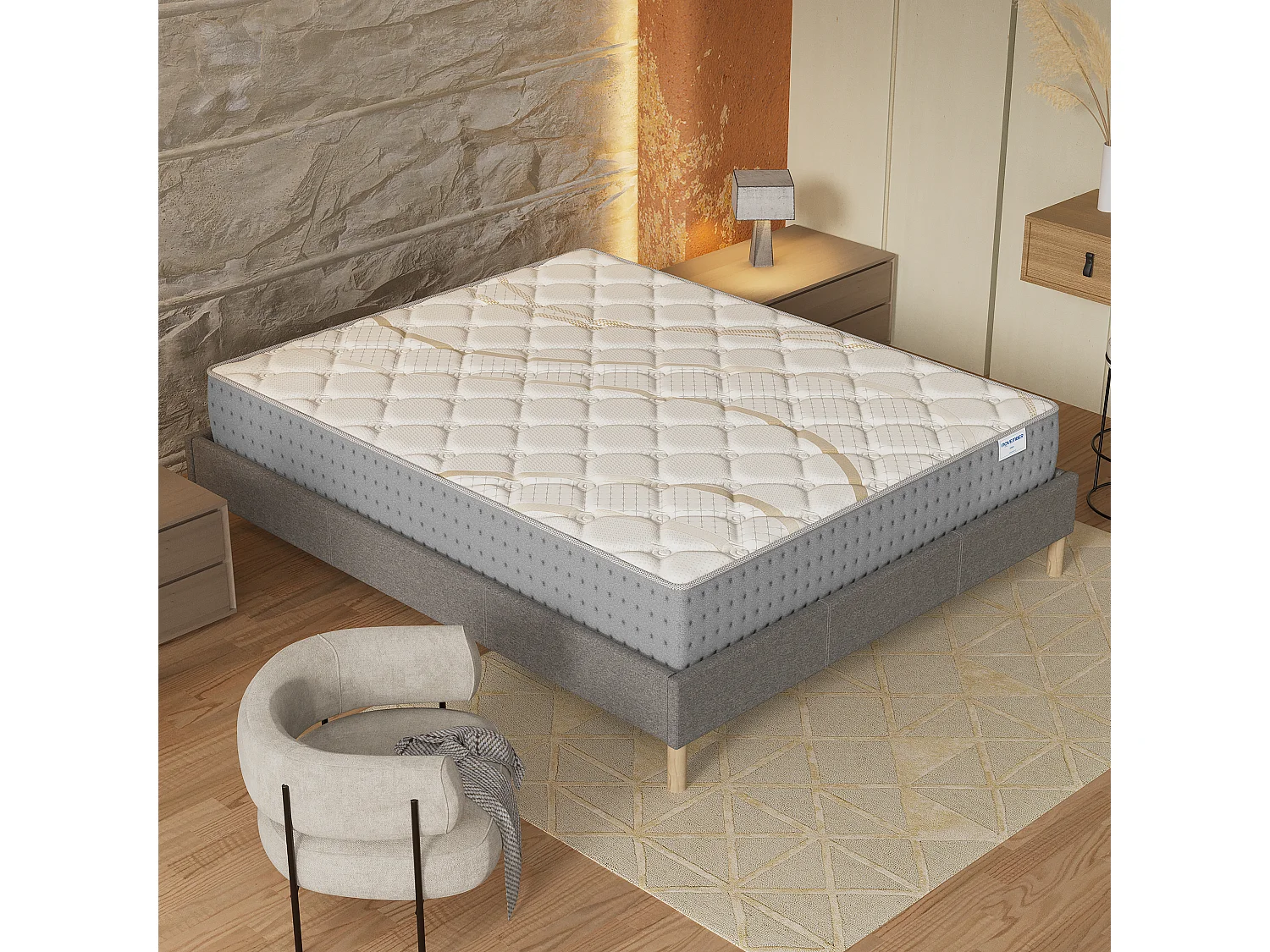 Ensemble Matelas + lit 160x200 cm, Matelas 25cm ressorts ensachés, accueil mousse, lit à lattes en bois, tissu gris