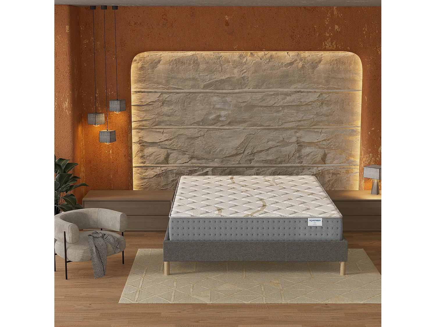 Ensemble Matelas + lit 160x200 cm, Matelas 25cm ressorts ensachés, accueil mousse, lit à lattes en bois, tissu gris