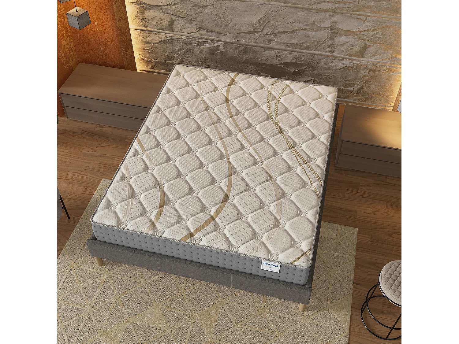 Ensemble Matelas + lit 160x200 cm, Matelas 25cm ressorts ensachés, accueil mousse, lit à lattes en bois, tissu gris