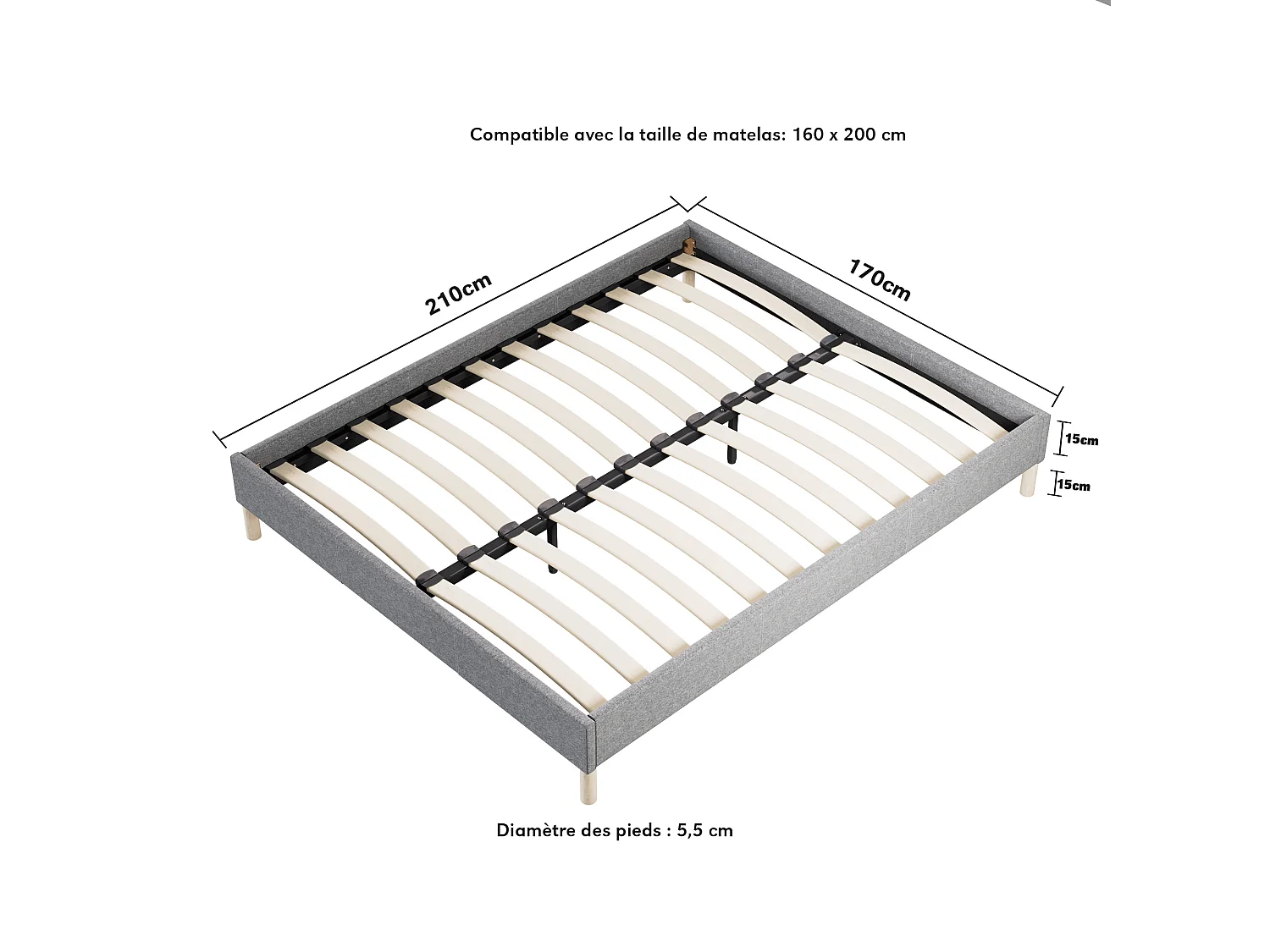 Ensemble Matelas + lit 160x200 cm, Matelas 25cm ressorts ensachés, accueil mousse, lit à lattes en bois, tissu gris