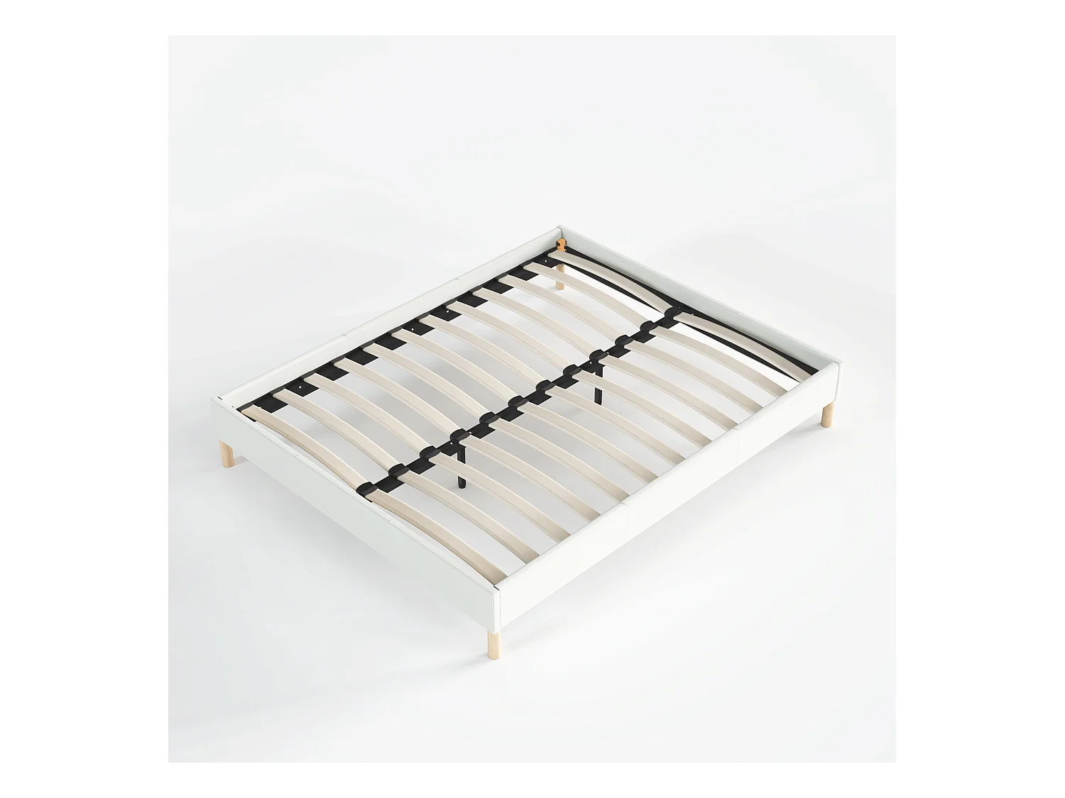 Sommier 90x190 cm, Revêtement en tissu Blanc Crème, Pieds en bois