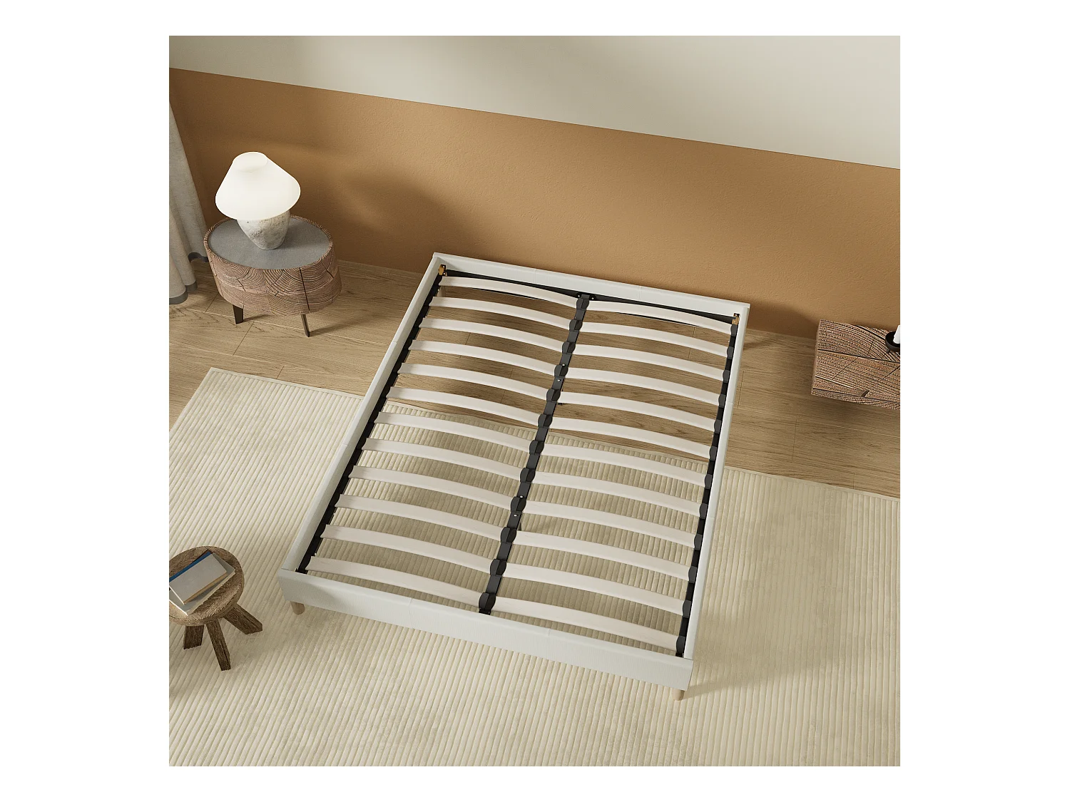 Sommier 90x190 cm, Revêtement en tissu Blanc Crème, Pieds en bois