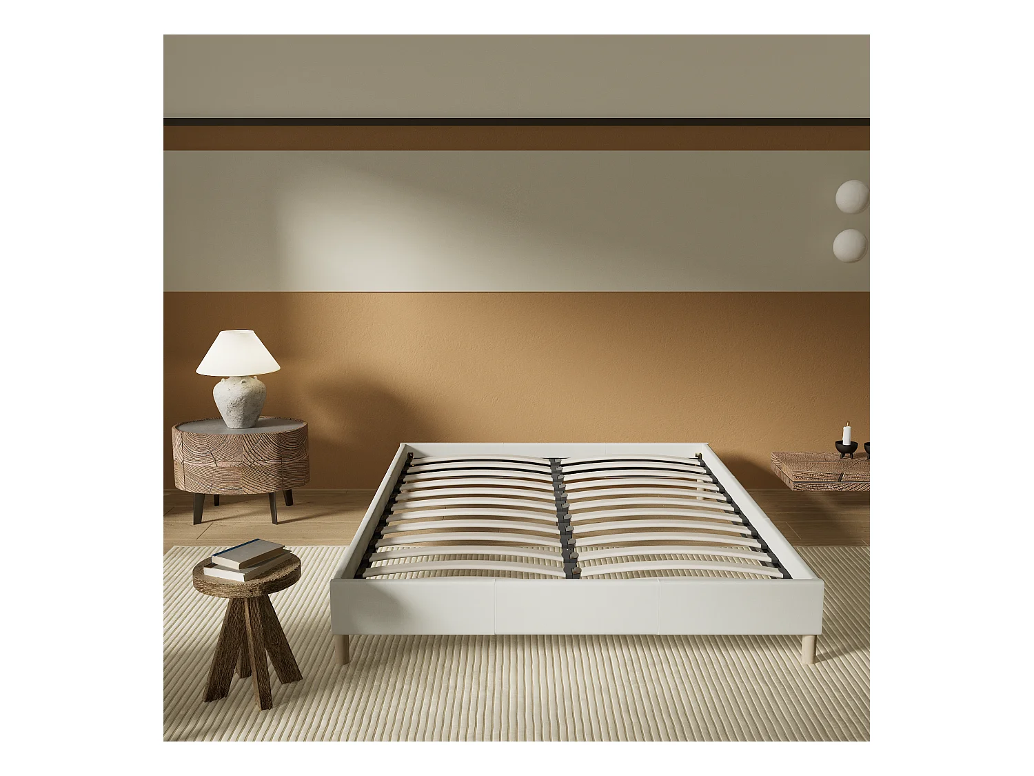 Sommier 90x190 cm, Revêtement en tissu Blanc Crème, Pieds en bois