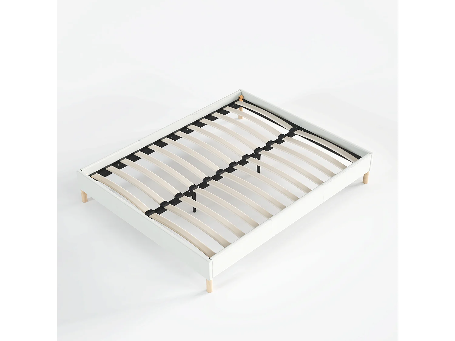 Sommier 90x190 cm, Revêtement en tissu Blanc Crème, Pieds en bois