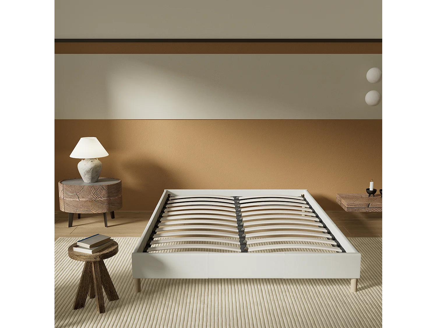 Sommier 90x190 cm, Revêtement en tissu Blanc Crème, Pieds en bois