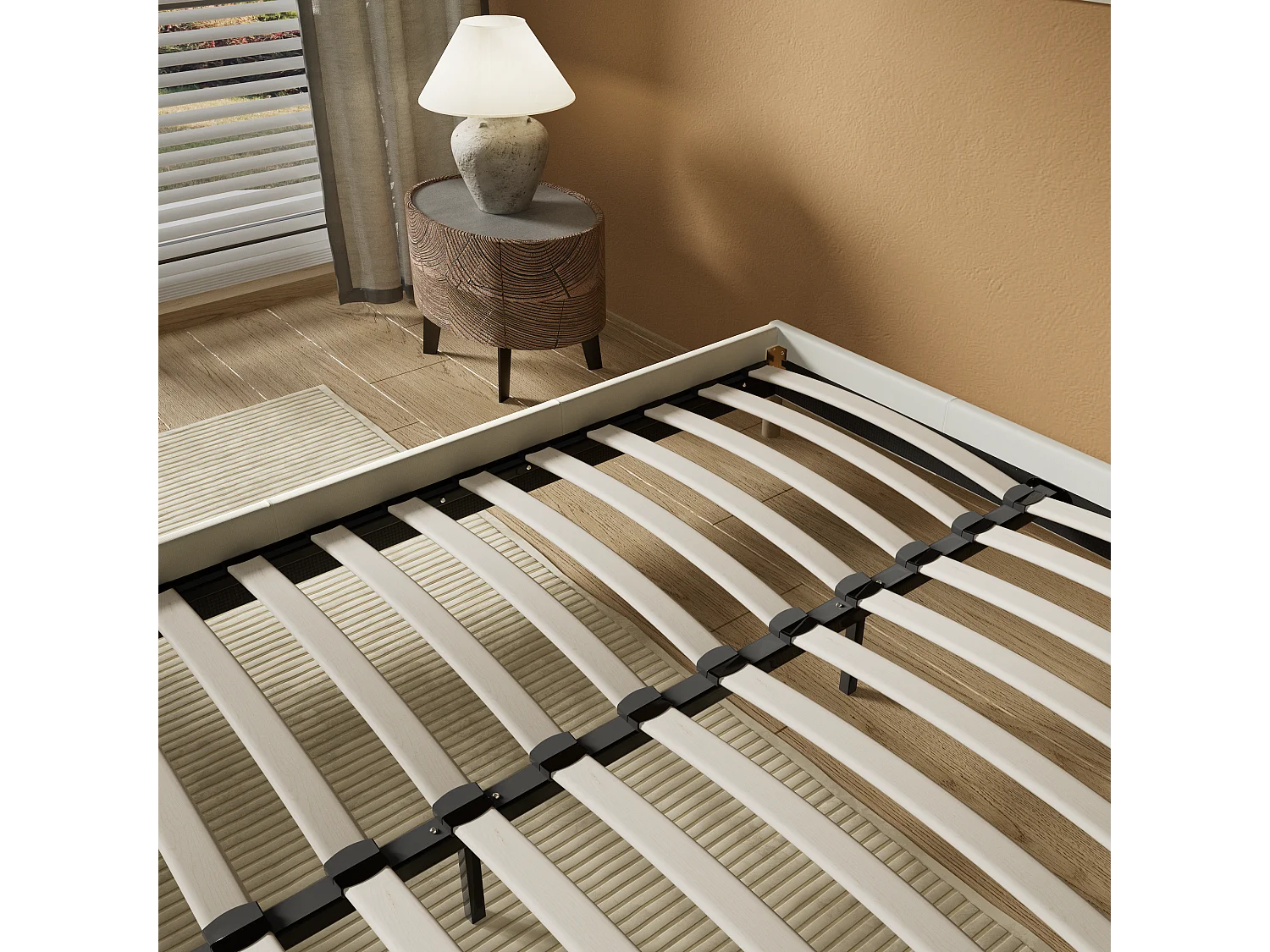 Sommier 90x190 cm, Revêtement en tissu Blanc Crème, Pieds en bois