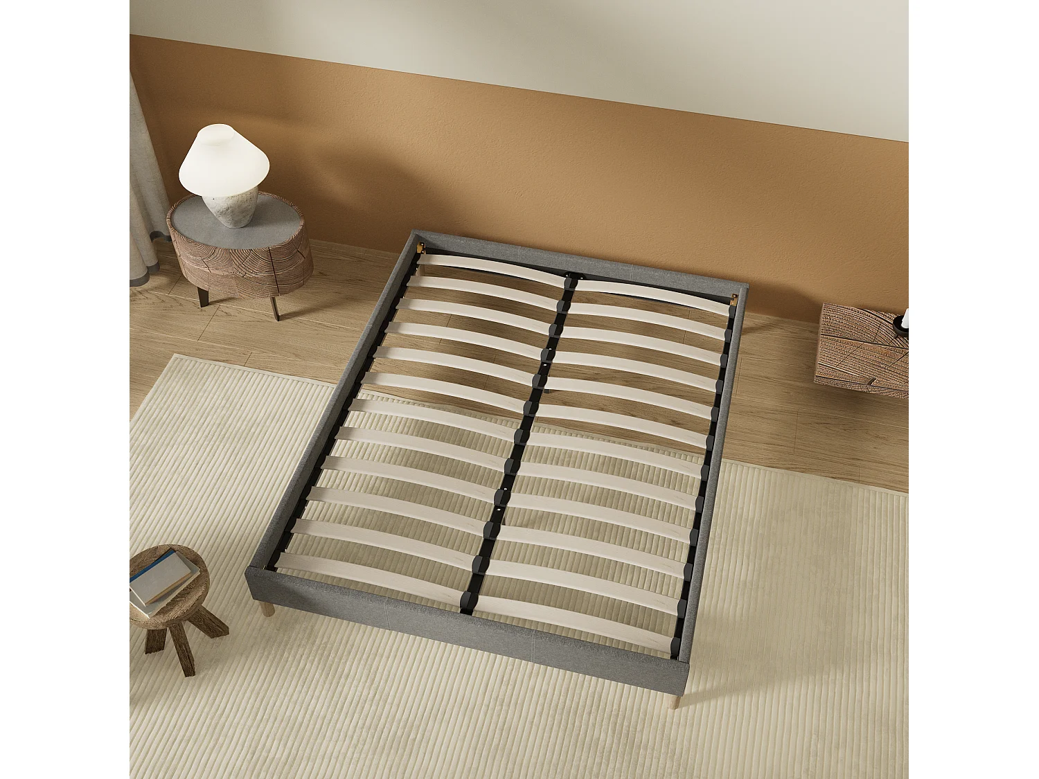 Sommier 180x200 cm, Revêtement en tissu Gris, Pieds en bois