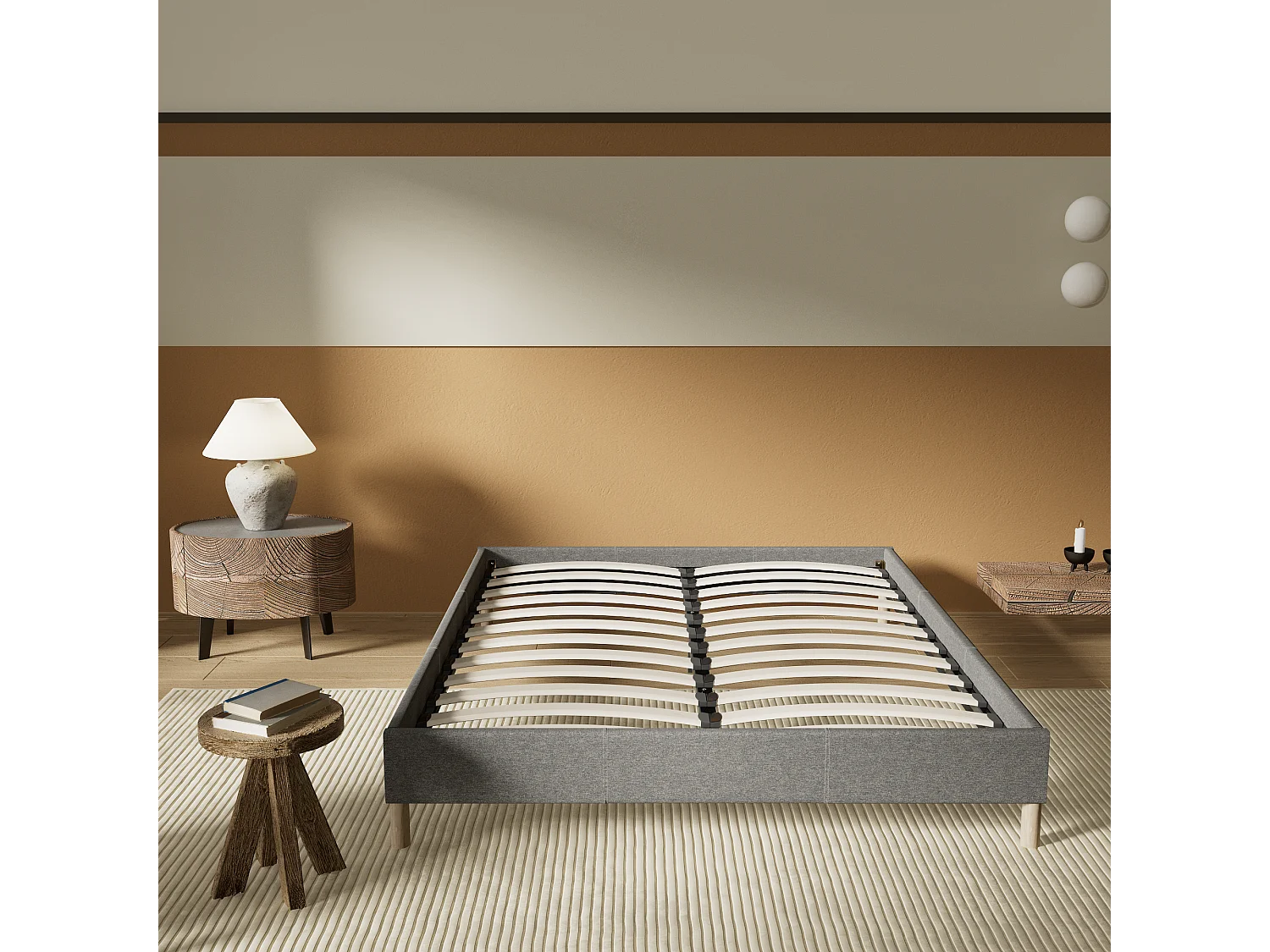 Sommier 180x200 cm, Revêtement en tissu Gris, Pieds en bois