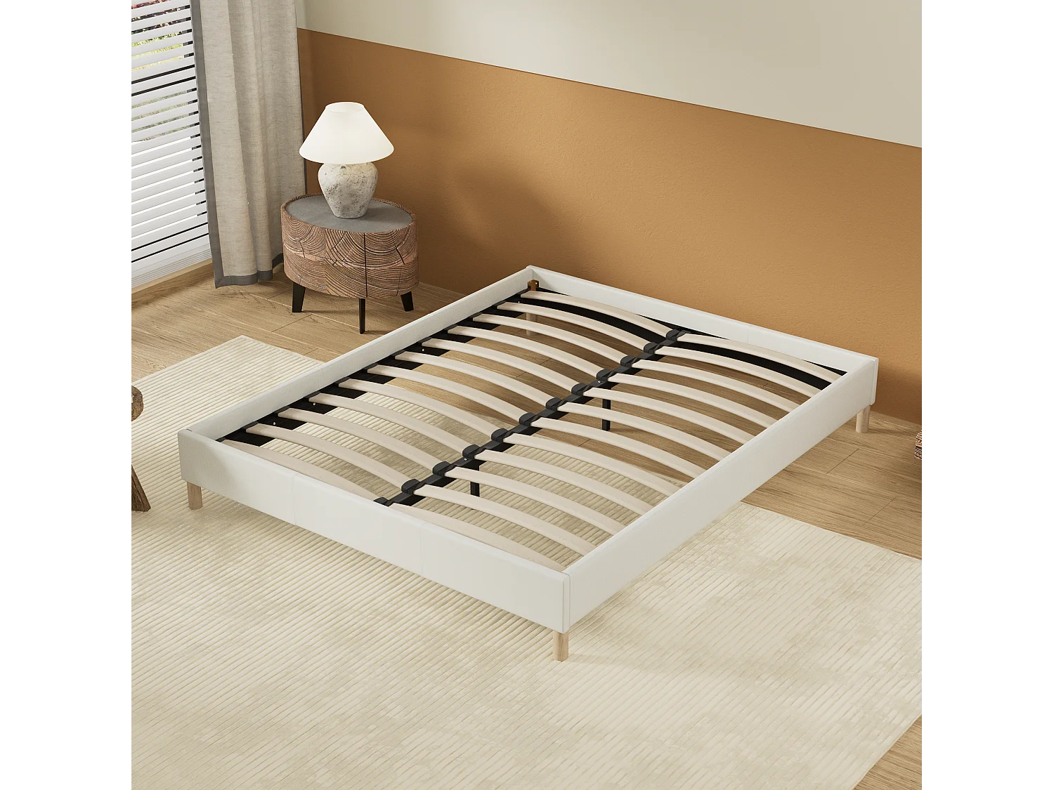 Sommier 120x190 cm, Revêtement en tissu Blanc Crème, Pieds en bois