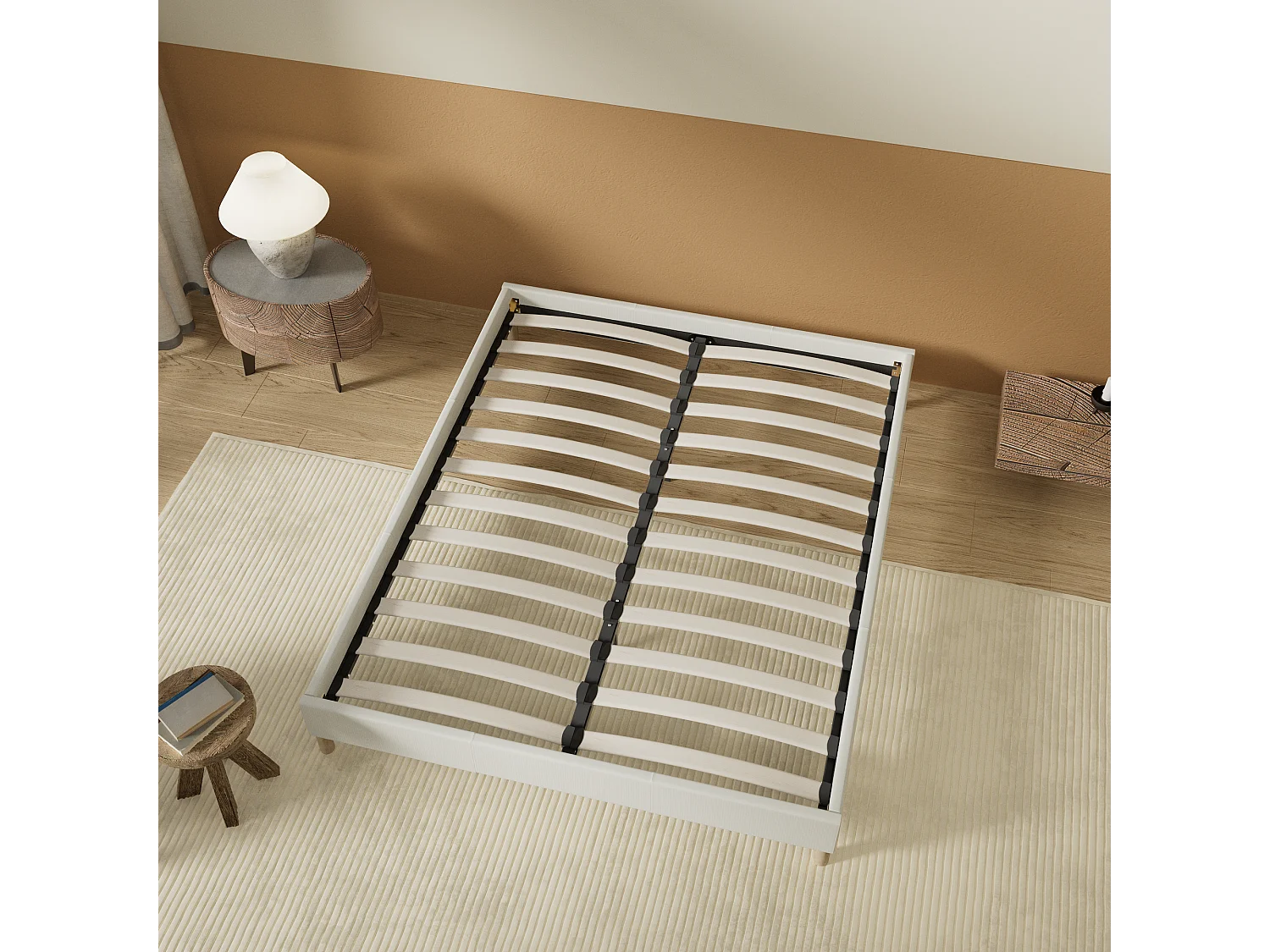 Sommier 120x190 cm, Revêtement en tissu Blanc Crème, Pieds en bois