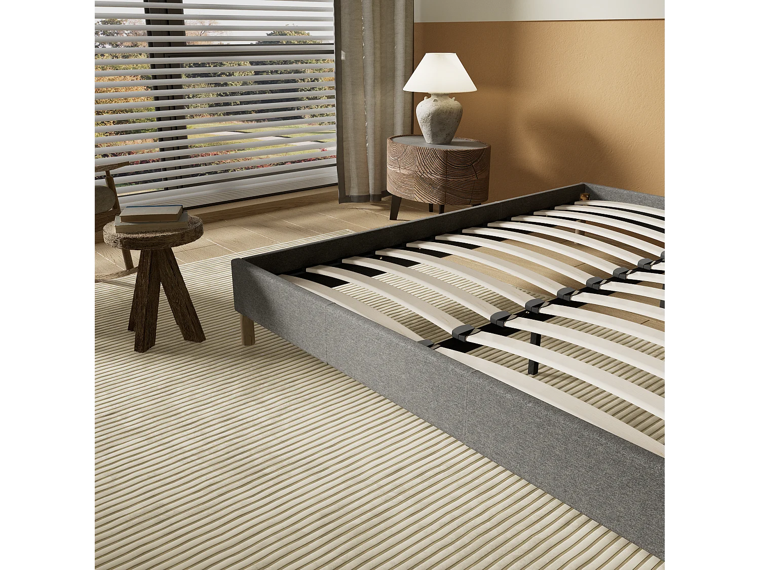 Sommier 160x200 cm, Revêtement en tissu Gris, Pieds en bois