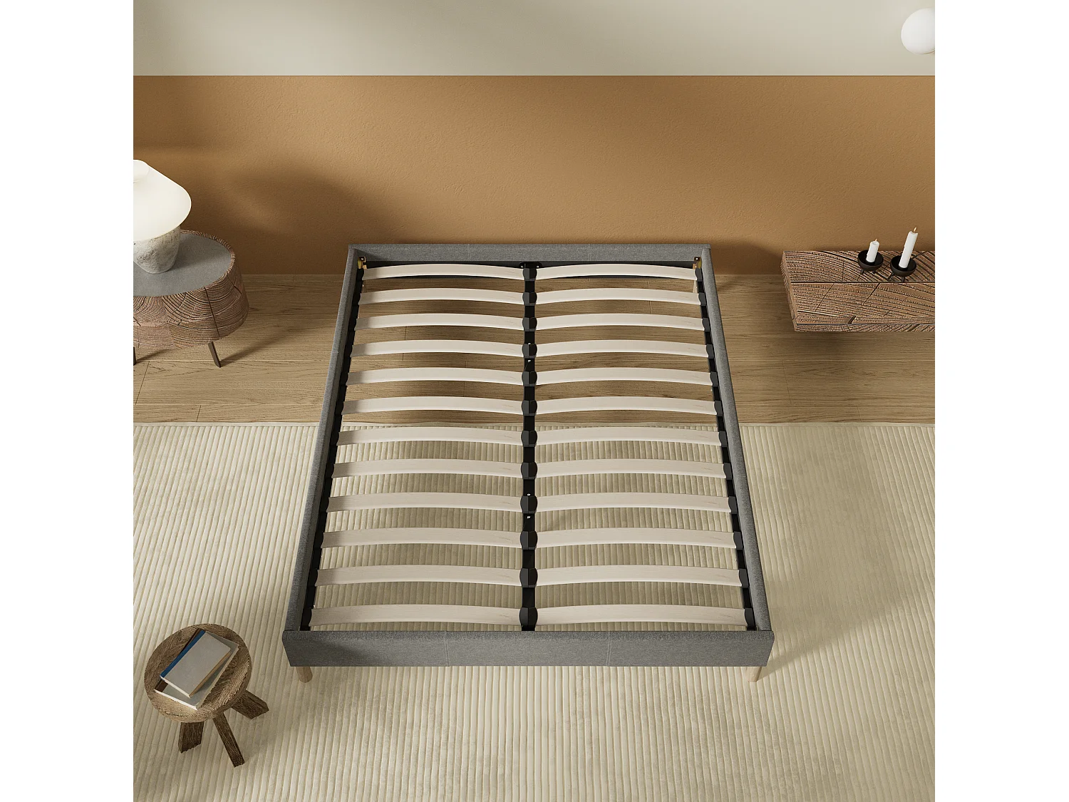 Sommier 120x190 cm, Revêtement en tissu Gris, Pieds en bois