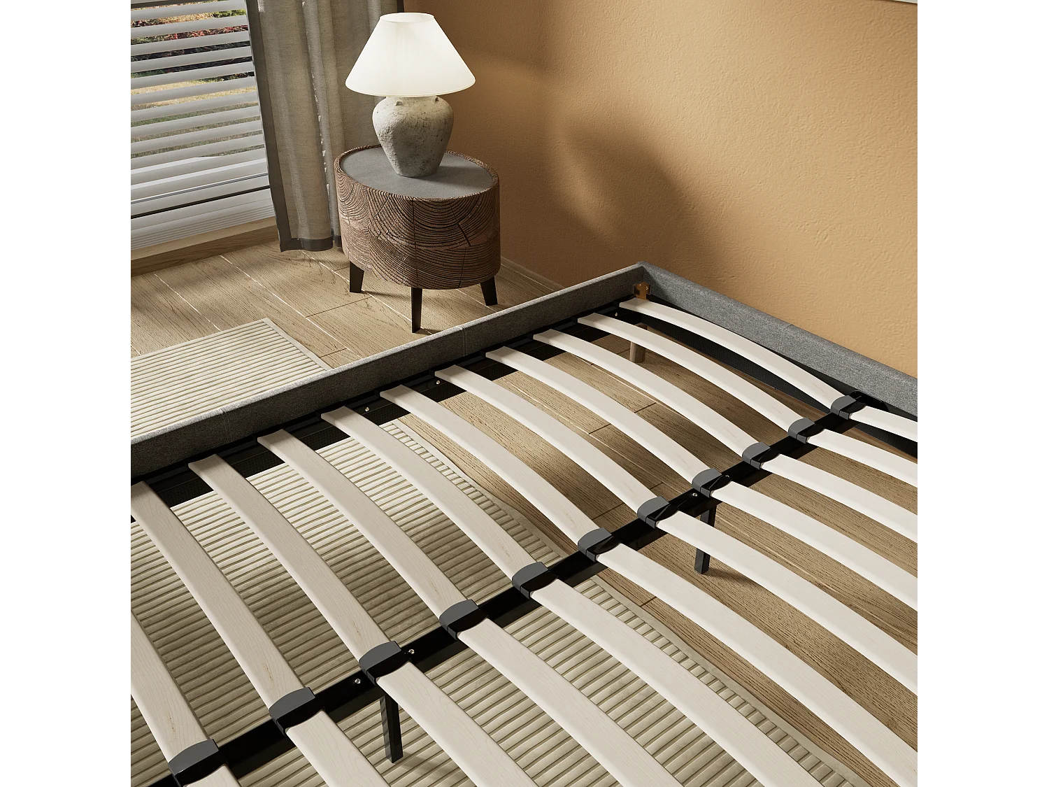 Sommier 120x190 cm, Revêtement en tissu Gris, Pieds en bois