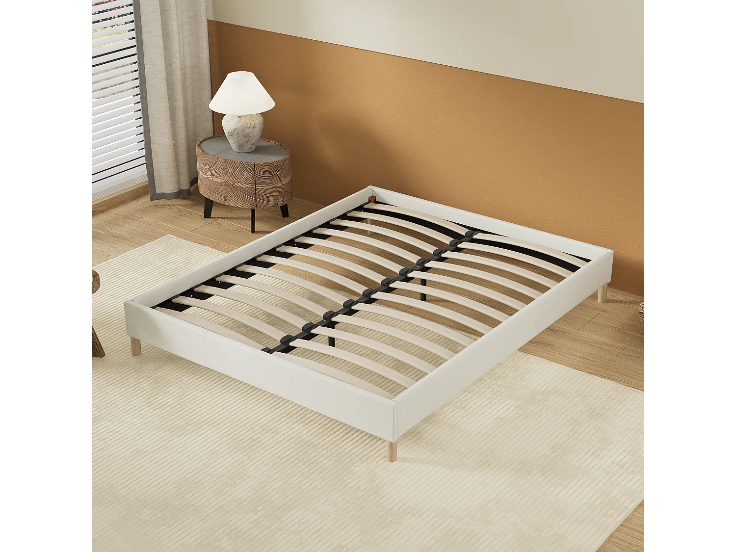 Sommier 140x200 cm, Revêtement en tissu Blanc Crème, Pieds en bois