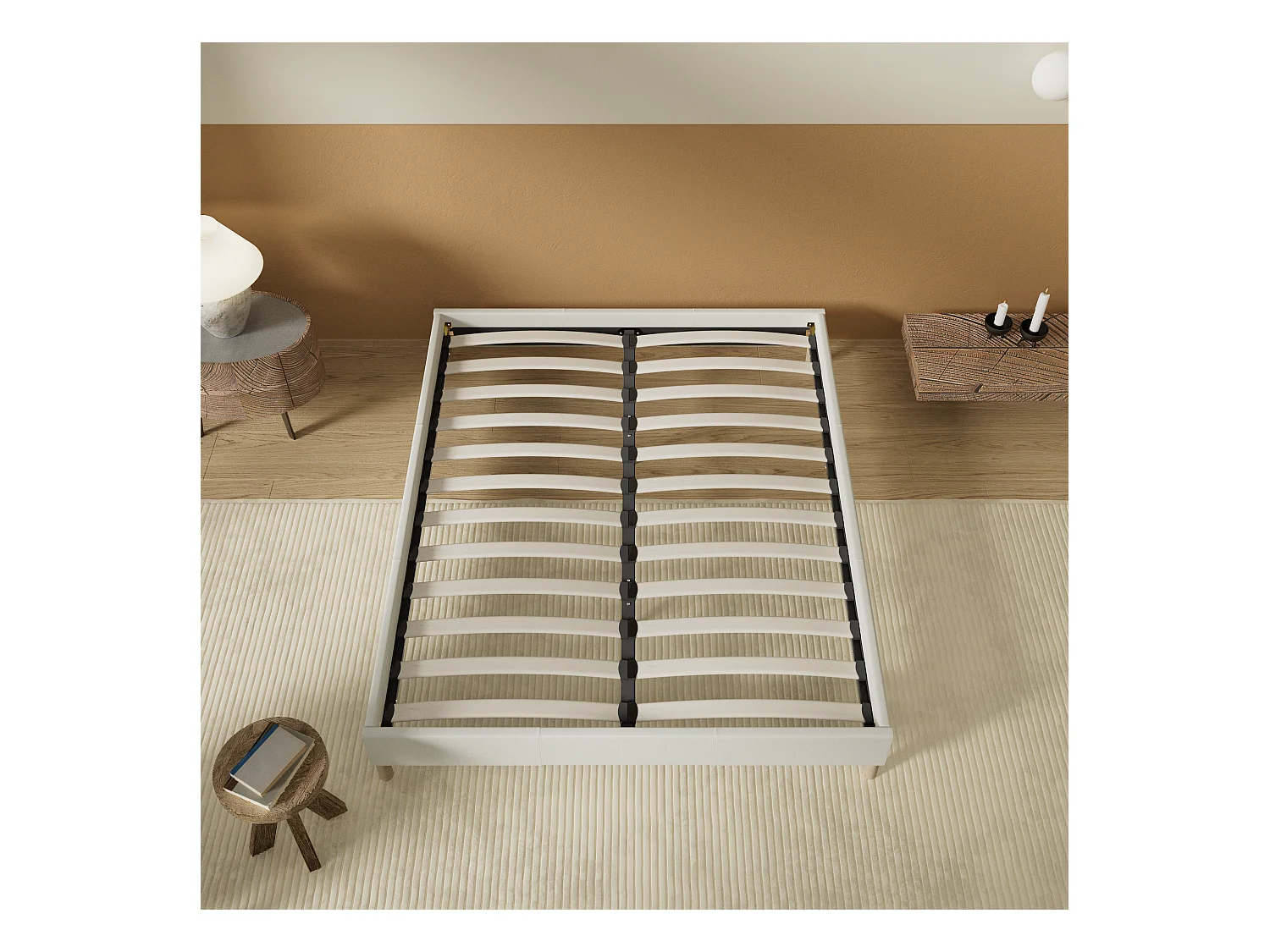 Sommier 140x200 cm, Revêtement en tissu Blanc Crème, Pieds en bois