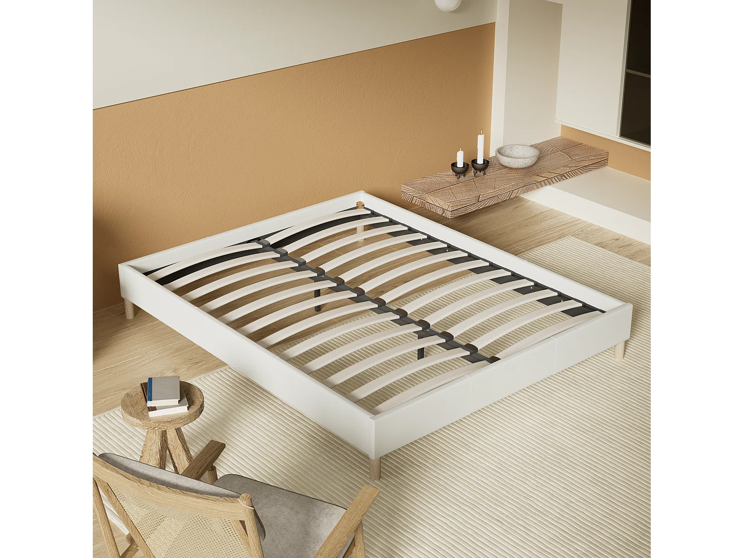 Sommier 140x200 cm, Revêtement en tissu Blanc Crème, Pieds en bois