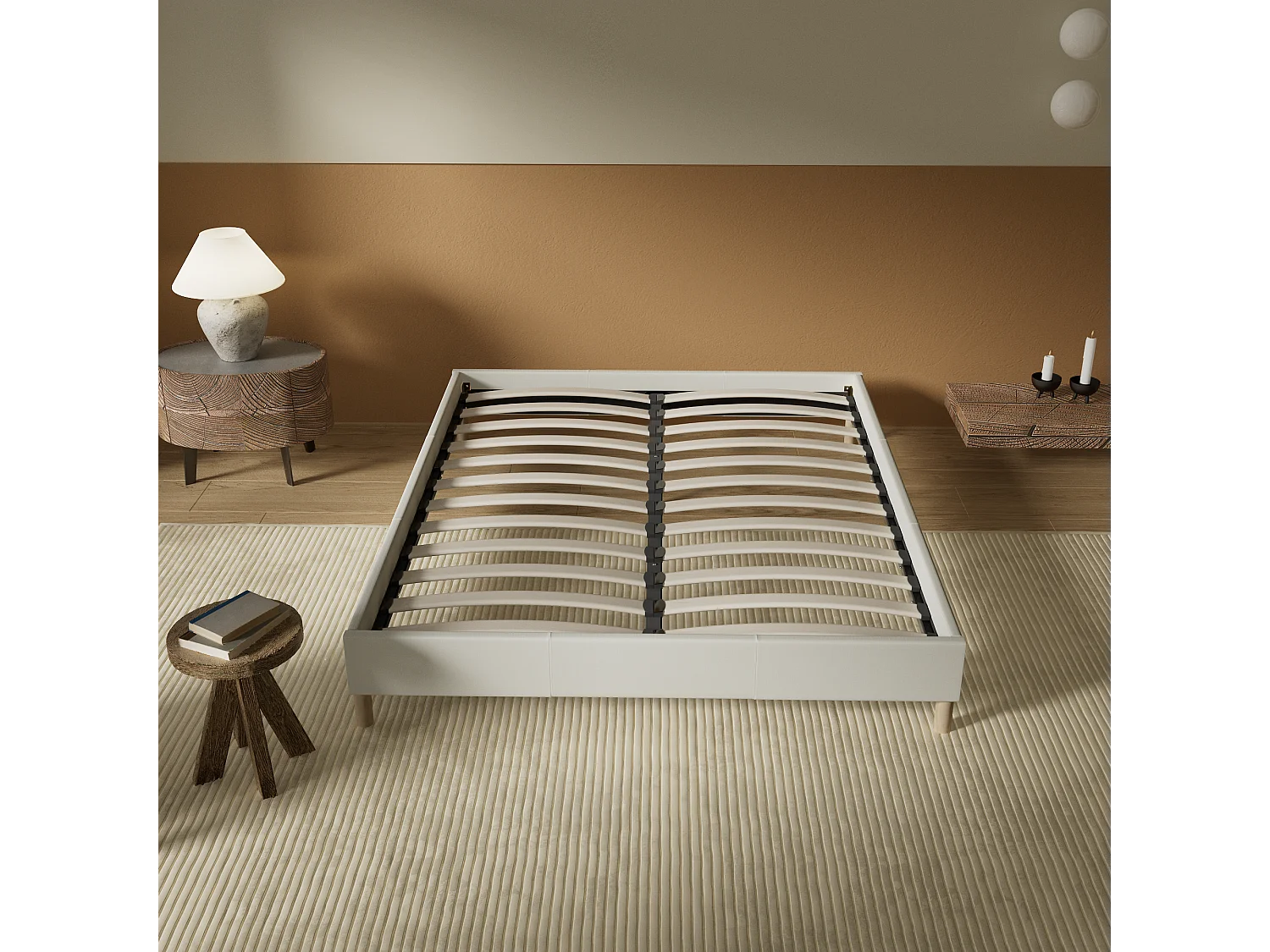 Sommier 180x200 cm, Revêtement en tissu Blanc Crème, Pieds en bois