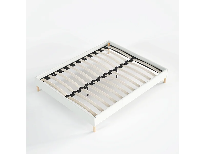 Sommier 180x200 cm, Revêtement en tissu Blanc Crème, Pieds en bois