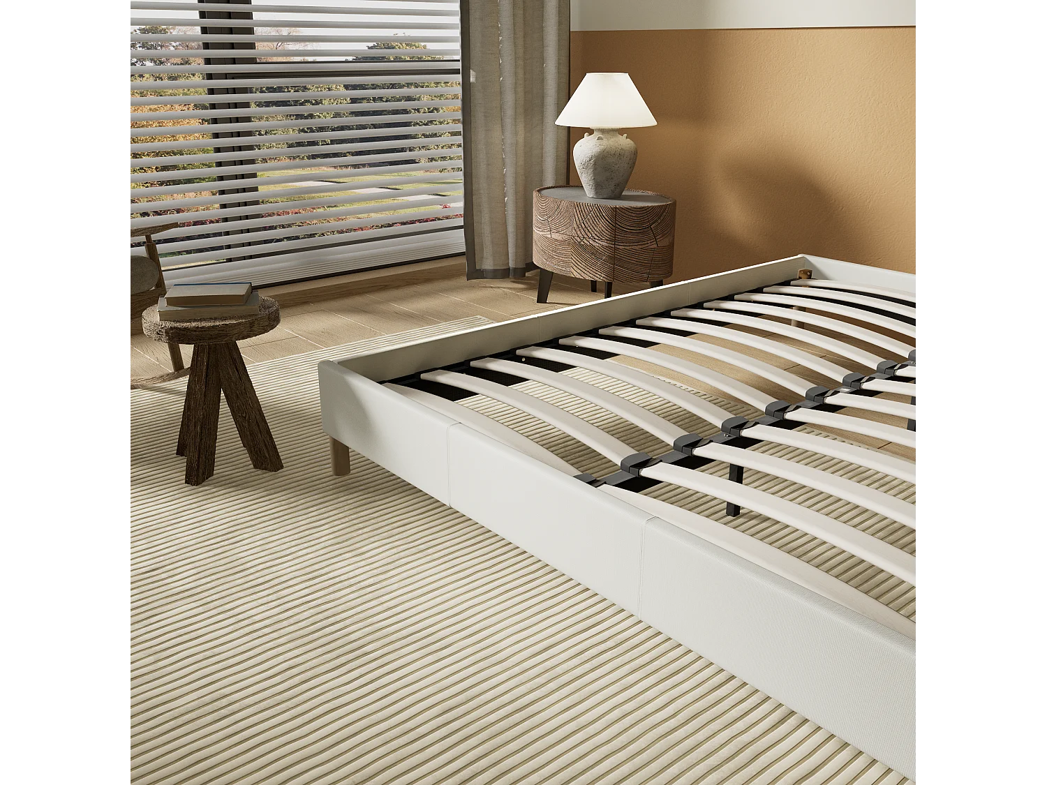 Sommier 160x200 cm, Revêtement en tissu Blanc Crème, Pieds en bois