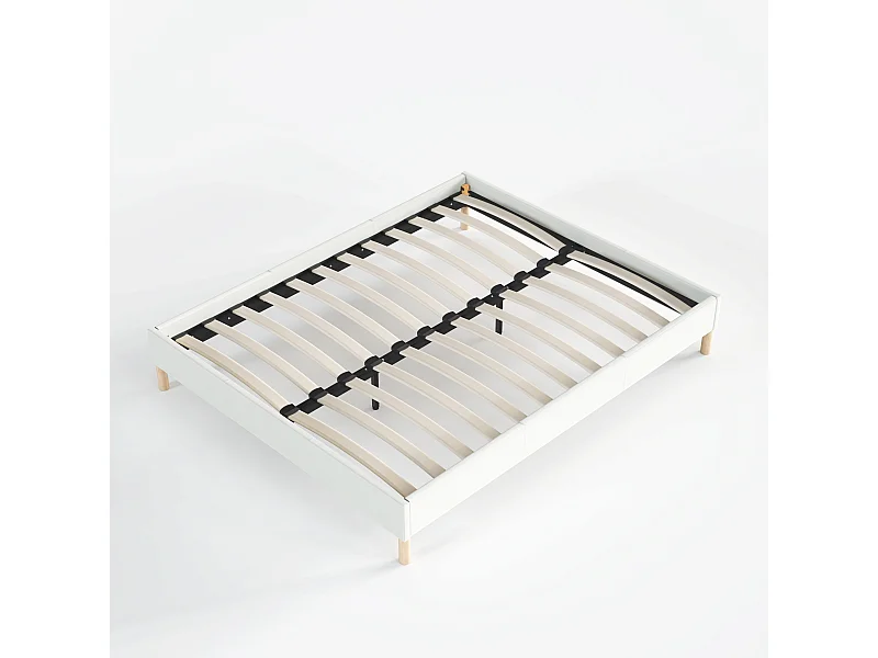 Sommier 160x200 cm, Revêtement en tissu Blanc Crème, Pieds en bois