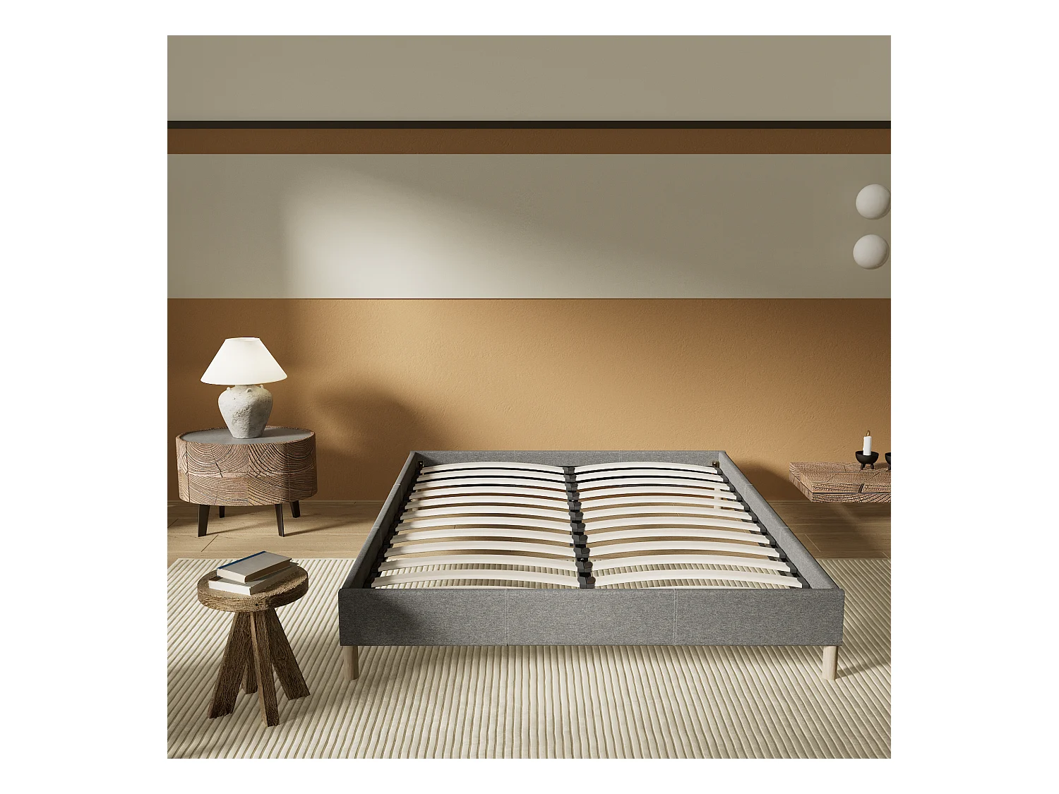 Sommier 140x200 cm, Revêtement en tissu Gris, Pieds en bois