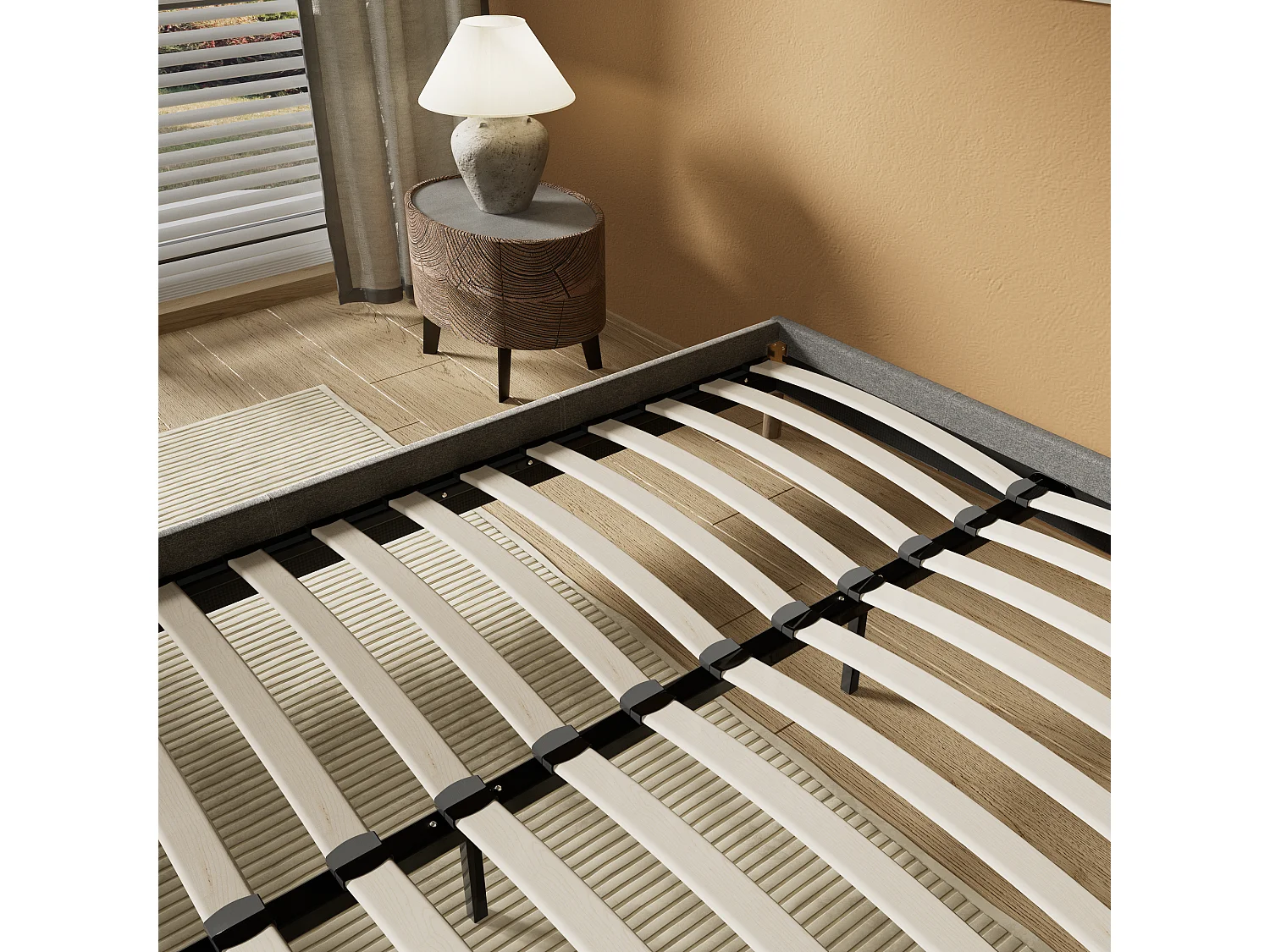 Sommier 140x200 cm, Revêtement en tissu Gris, Pieds en bois